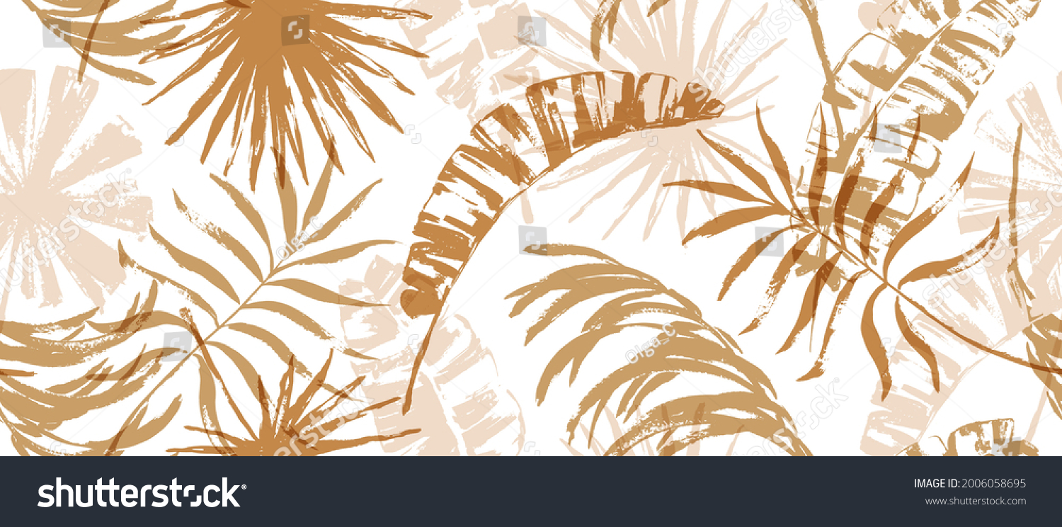 Modern exotic seamless pattern. Tropical leaves. Palm foliage. Print for luxury fashion fabric, clothes, wallpaper. Hand drawn collage style, warm earthy colors. Grunge texture. #2006058695