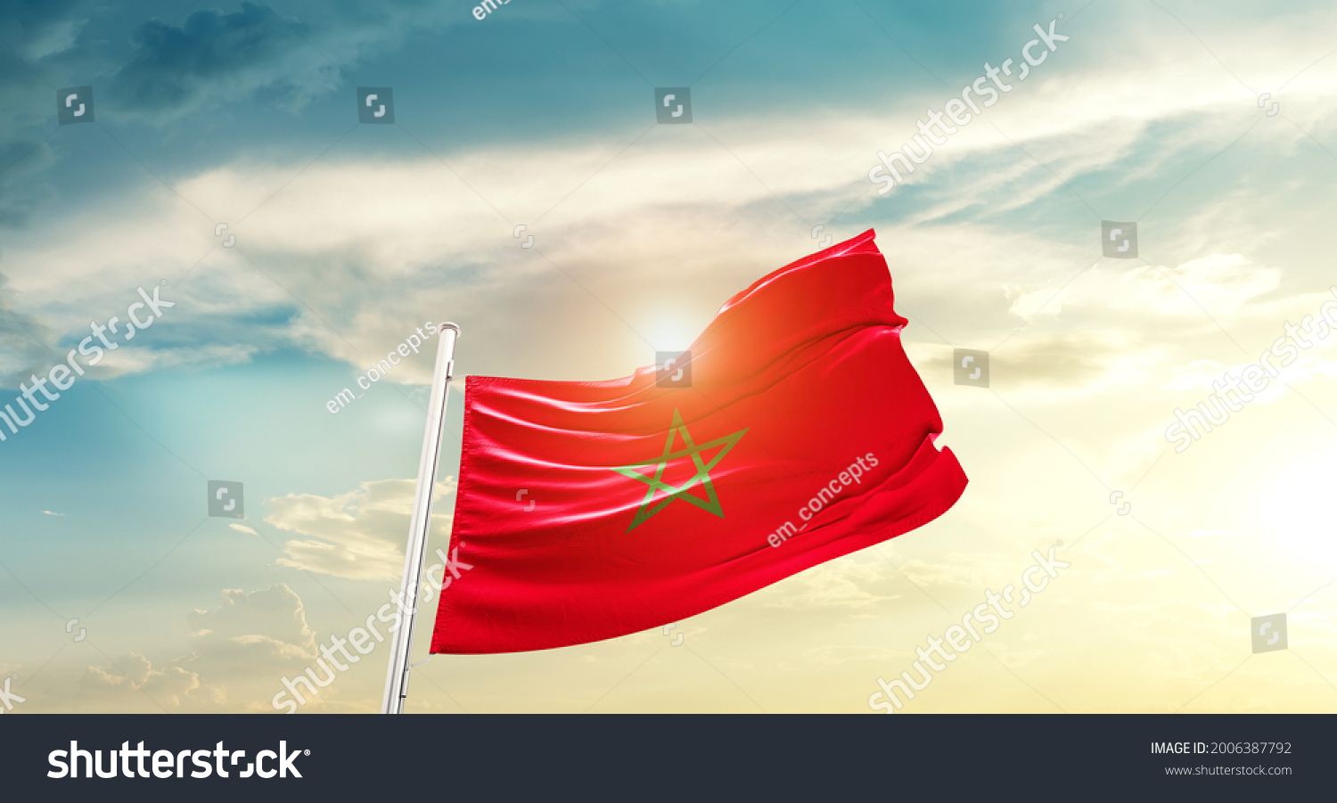Morocco national flag waving in beautiful clouds. #2006387792