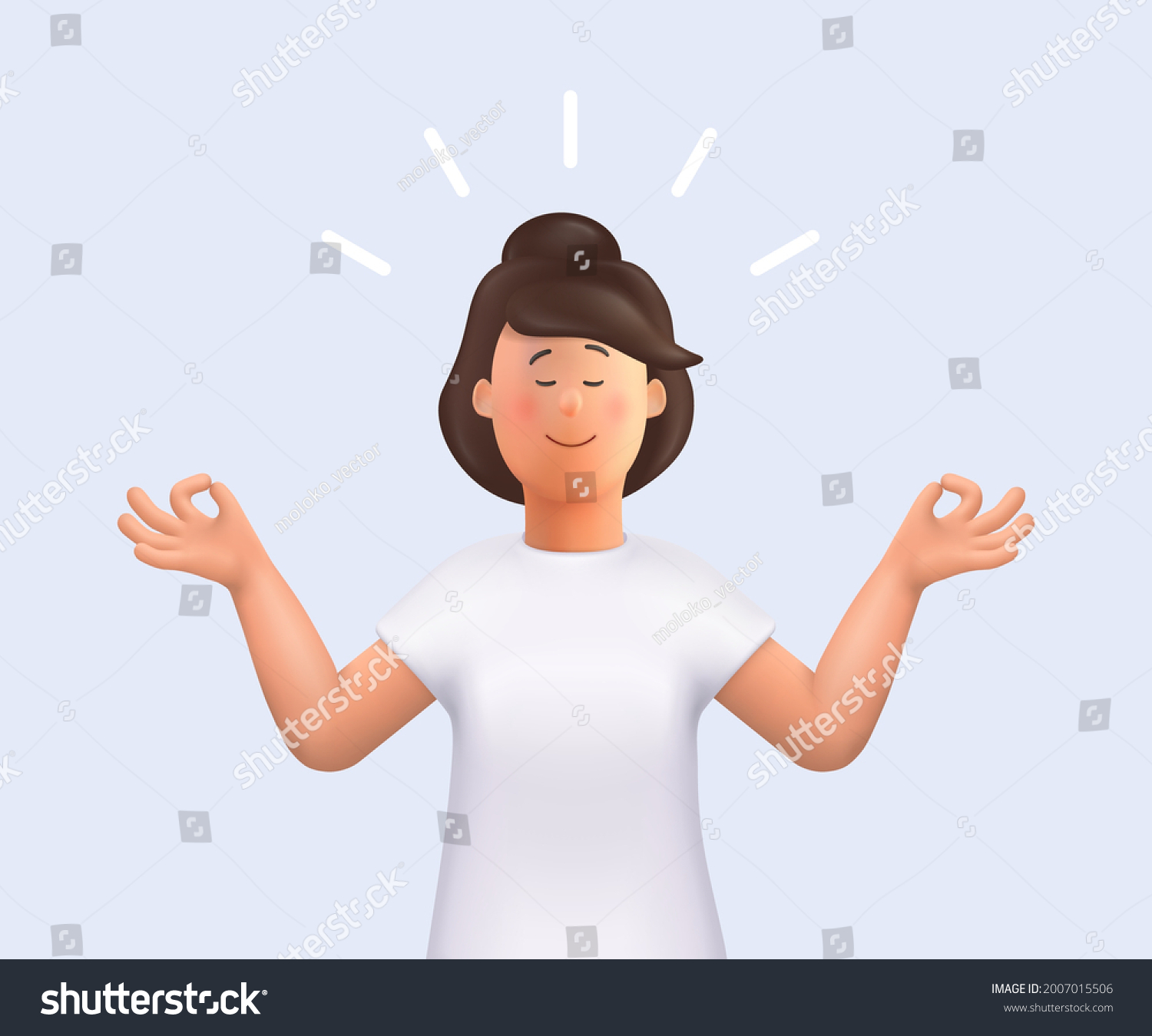 Young woman Jane meditating. Meditation practice. Concept of zen, harmony, yoga, meditation, relax, recreation, healthy lifestyle. 3d vector people character illustration. #2007015506