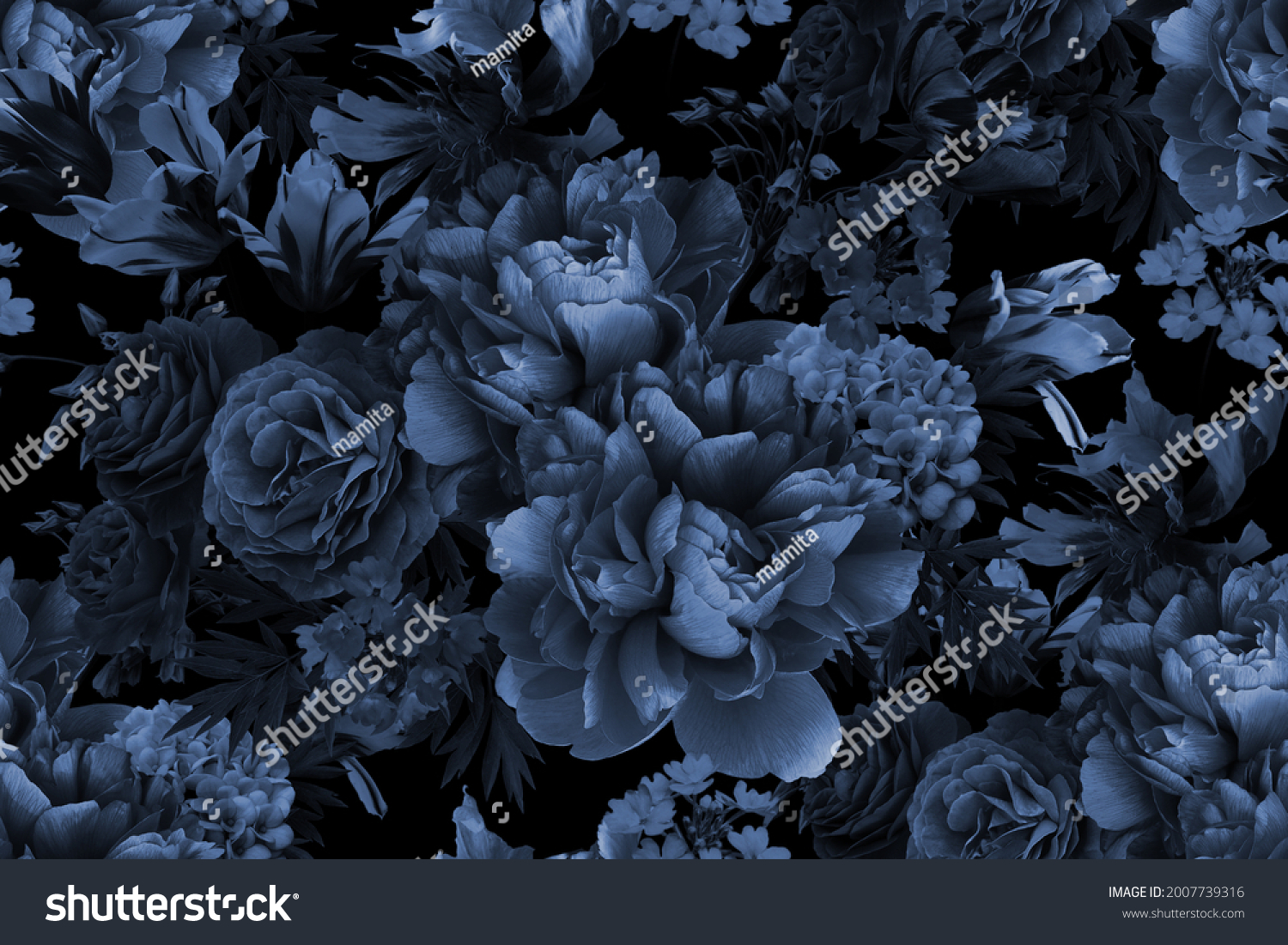 Floral vintage seamless pattern. Blooming peonies, roses, tulips, garden flowers, decorative herbs, leaves. Black and white background. For decoration packaging, interior, textile, paper, wallpaper. #2007739316