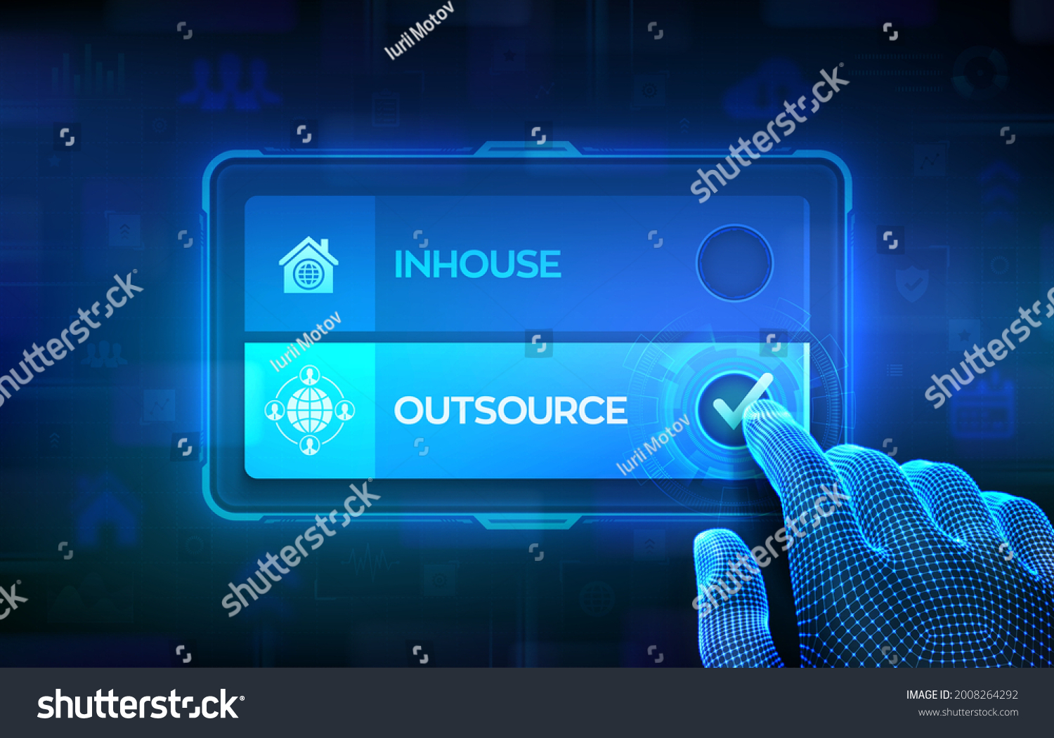 Outsource or inhouse choice concept. Making decision. Outsourcing Global recruitment. Human Resources. Hand on virtual touch screen ticking the check mark on outsource button. Vector illustration. #2008264292