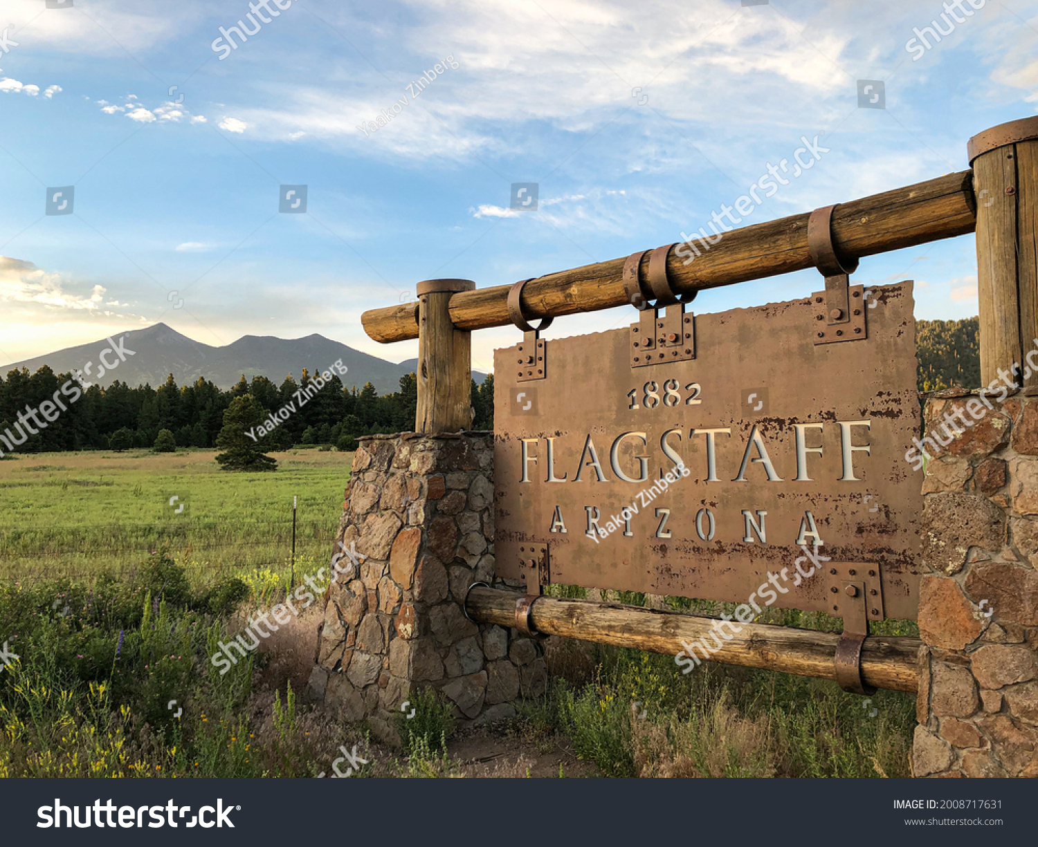 Rustic sign at the town limits of Flagstaff, Arizona #2008717631