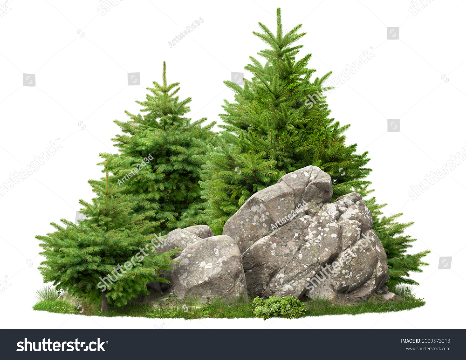Cutout rock surrounded by fir trees. Garden design isolated on white background. Decorative shrub for landscaping. High quality clipping mask for professionnal composition #2009573213