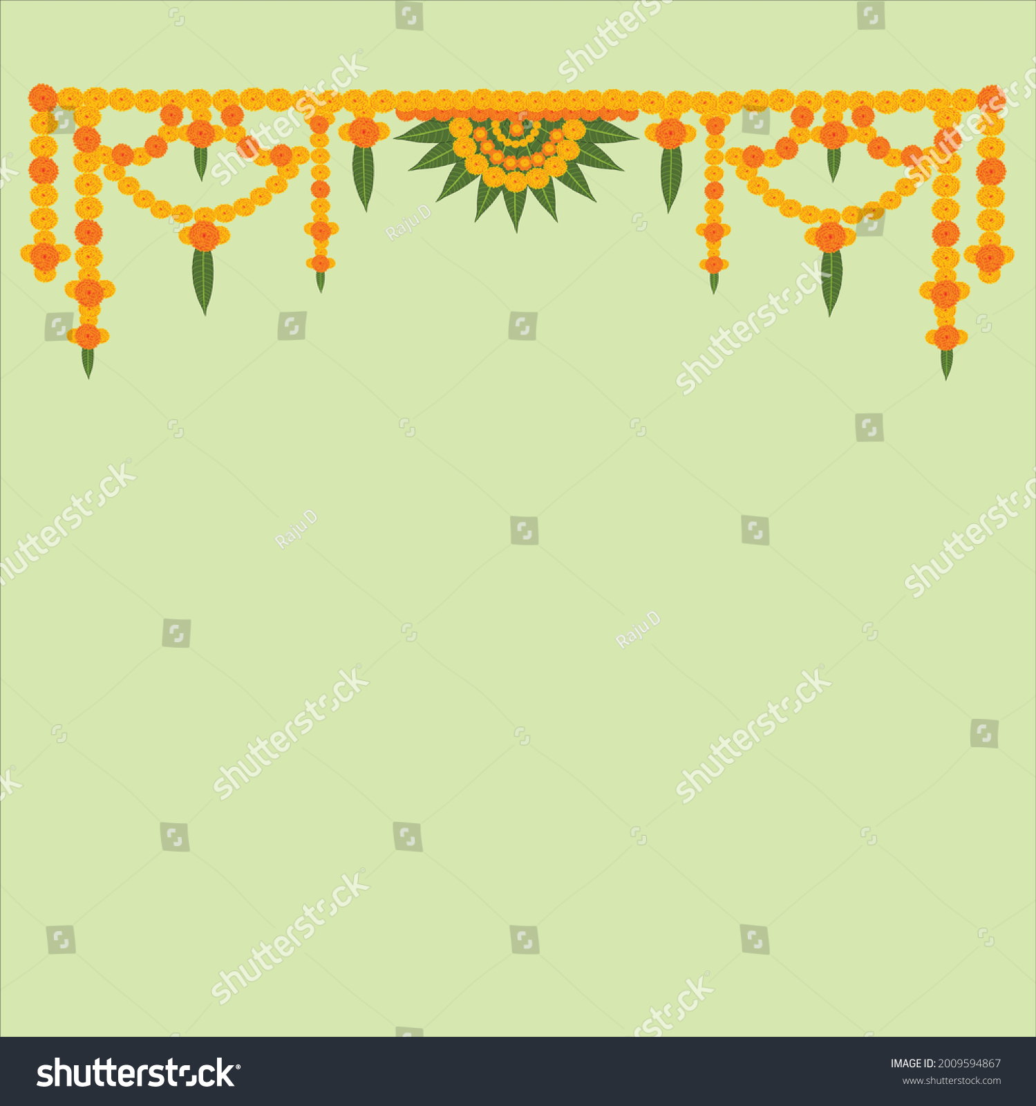 Welcome floral decoration hanging marigold flowers in yellow and orange color with mango leaves on light green color background. #2009594867