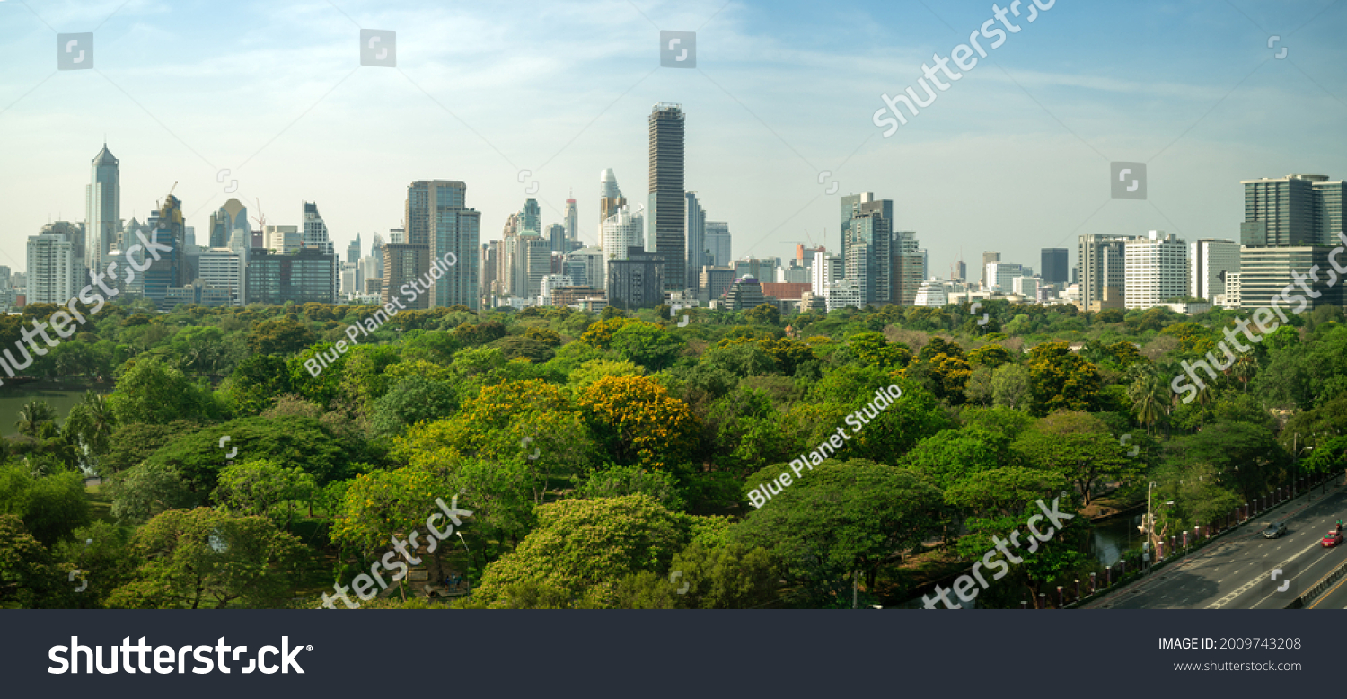 Public park and high-rise buildings cityscape in metropolis city center . Green environment city and downtown business district in panoramic view . #2009743208