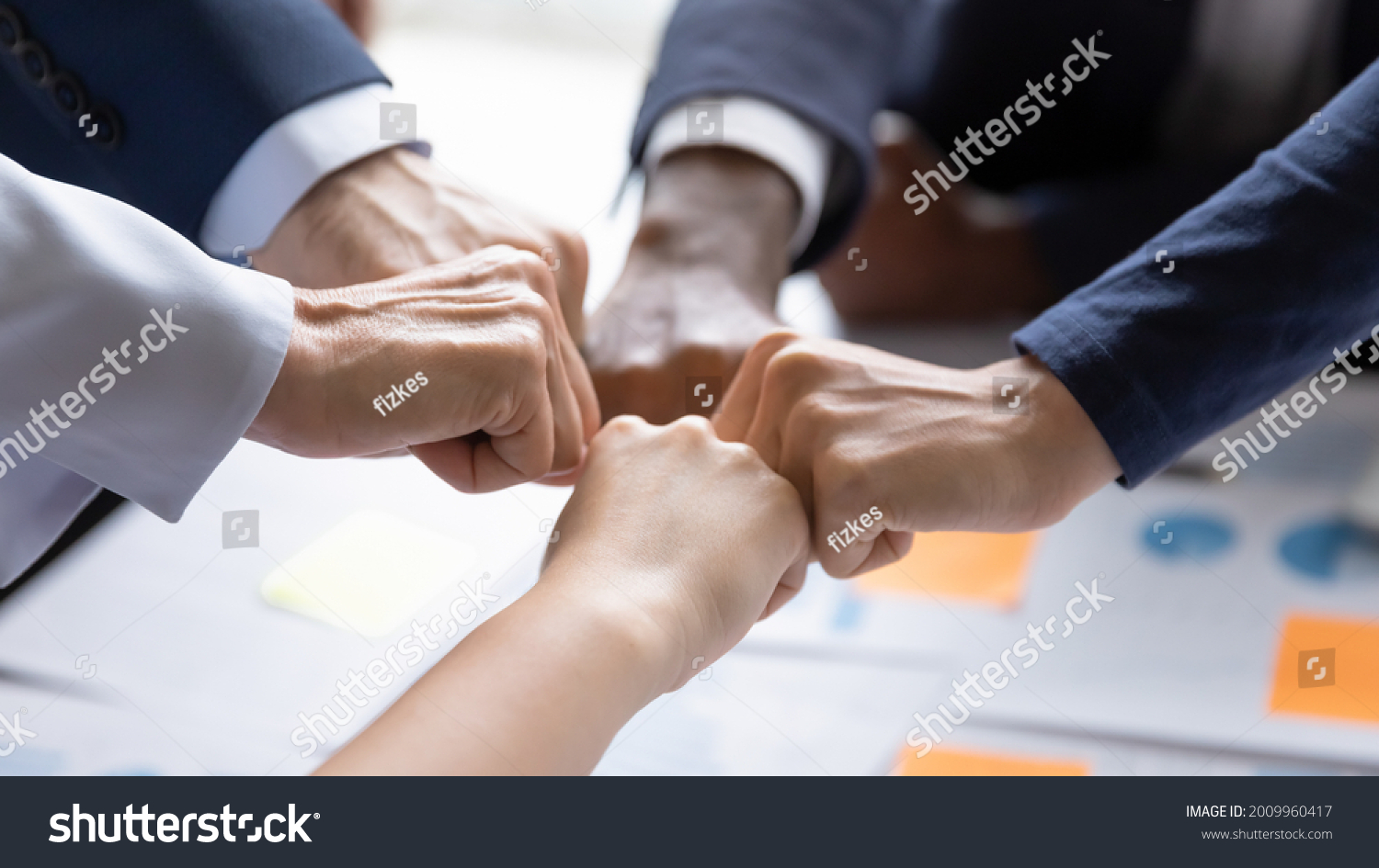 Diverse business team making group fist bump. Employees engaged in teamwork, keeping community spirit, expressing solidarity, trust, unity, friendship. Close up of multiethnic hands #2009960417