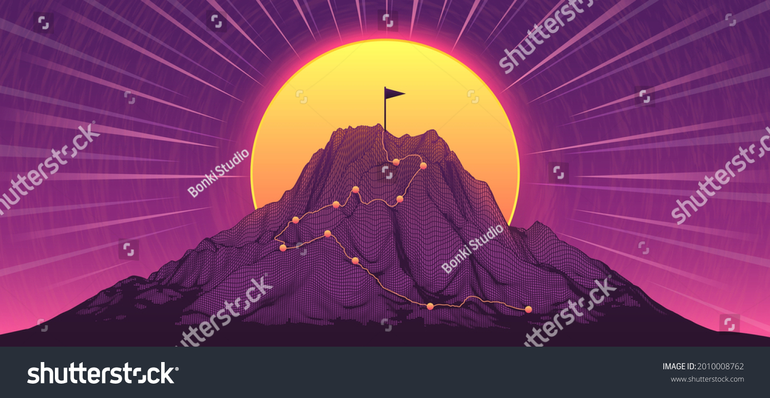 Climbing path to mountain peak. Journey route, sucess flag on top and goal reach vector illustration #2010008762