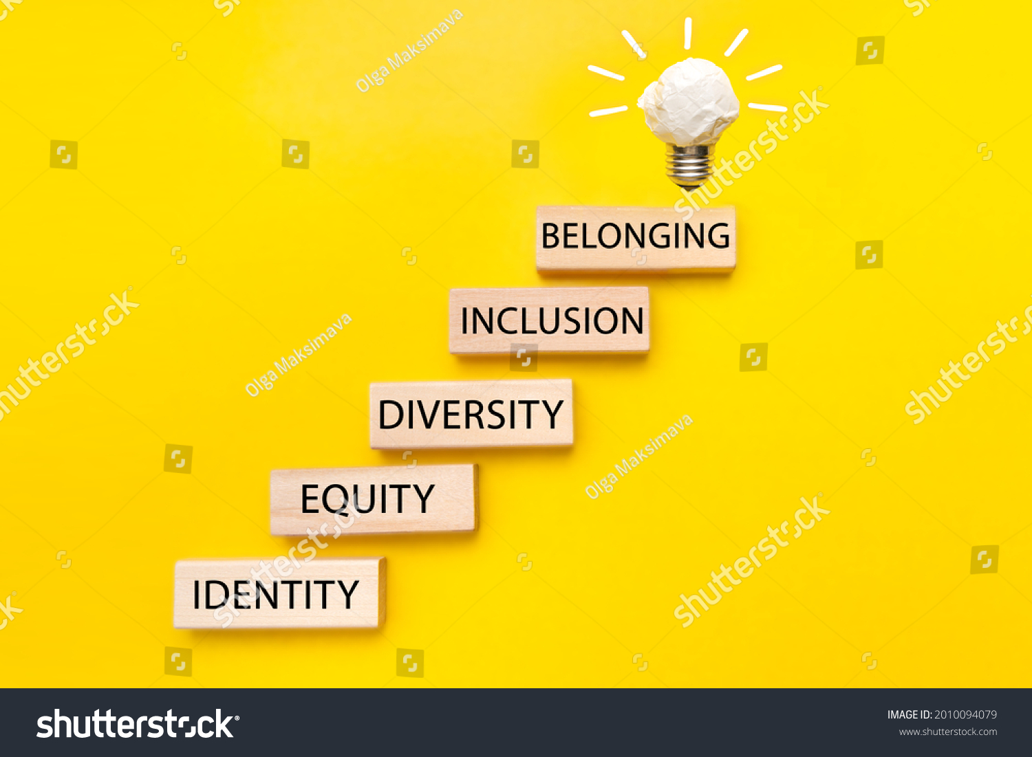 Equity, identity, diversity, inclusion, belonging symbol. Wooden blocks with words on beautiful yellow background. Inclusion, belonging concept. #2010094079