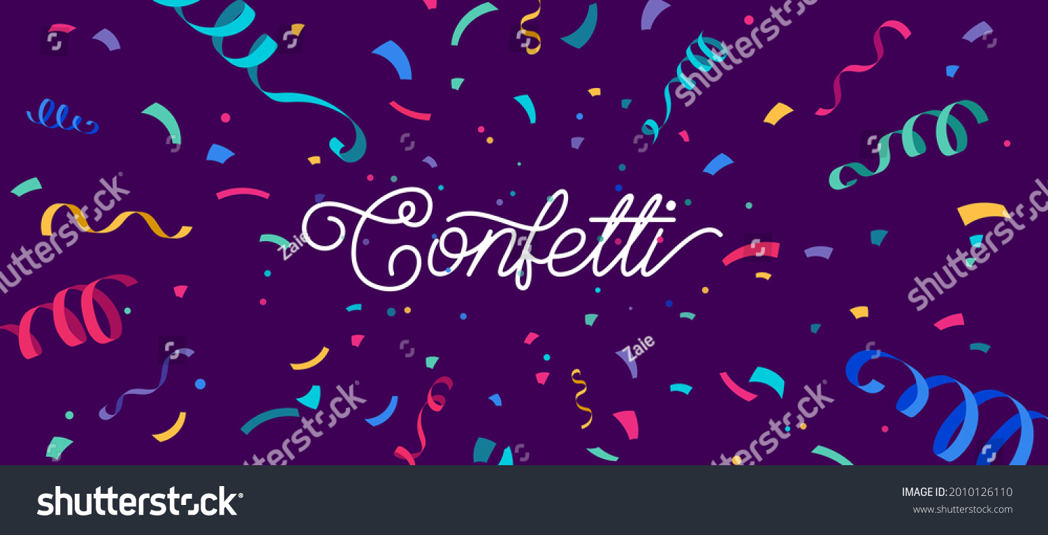 Confetti vector banner background with colorful serpentine ribbons, place for yours text at the center. Anniversary, celebration, greeting illustration in flat simple cartoon style with fun explosion. #2010126110