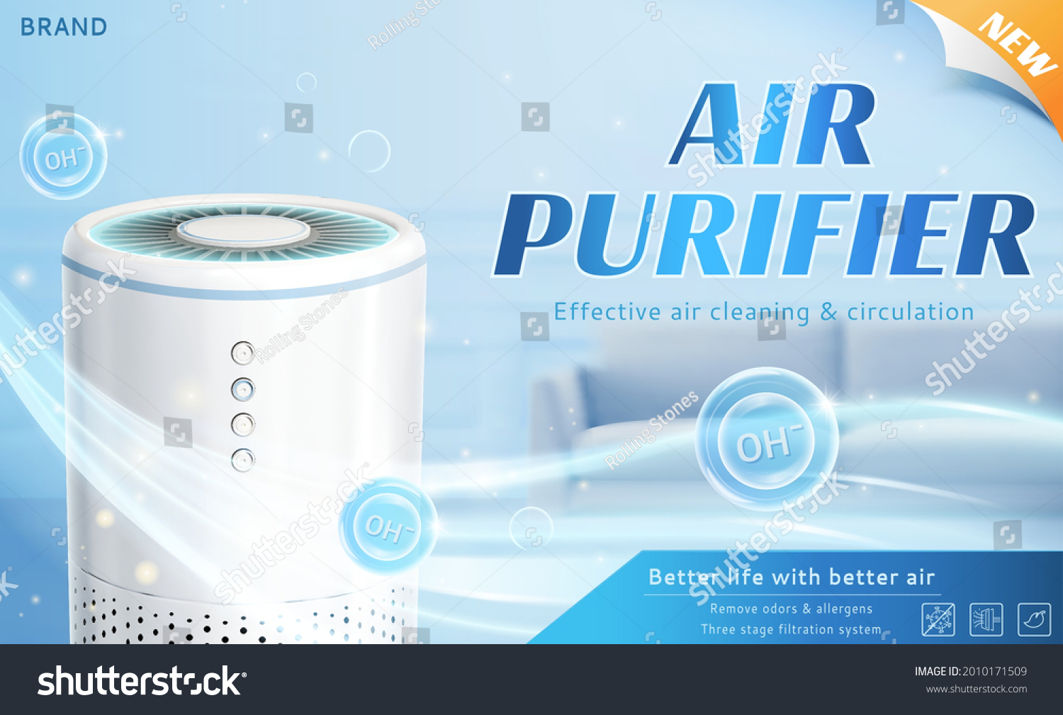 White air purifier machine for home. Fresh air flows out of air purifier machine in living room #2010171509