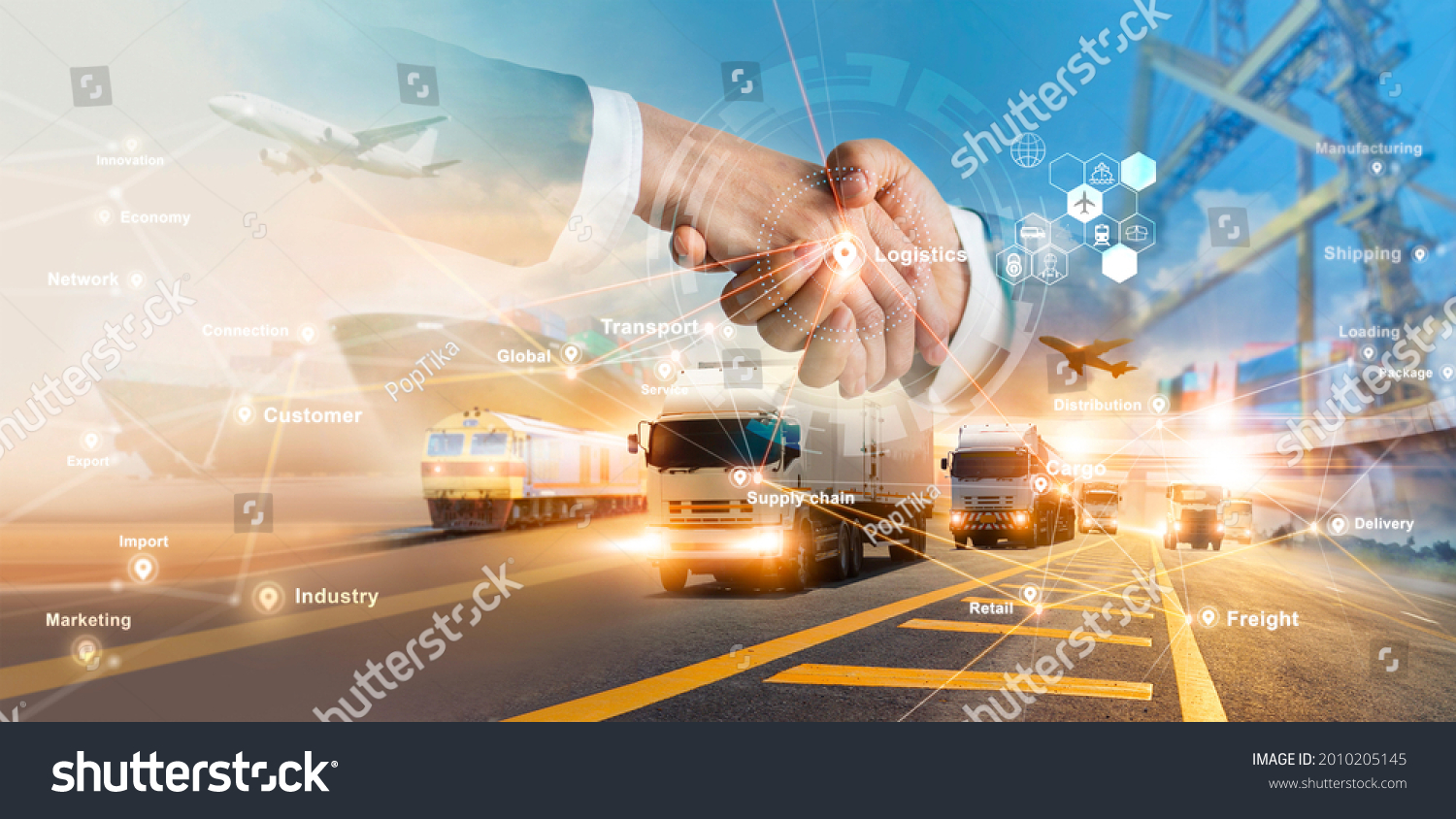 Smart logistics and transportation. Handshake for successful of investment deal teamwork and partnership business partners on logistic global network distribution. Business of transport industrial.  #2010205145