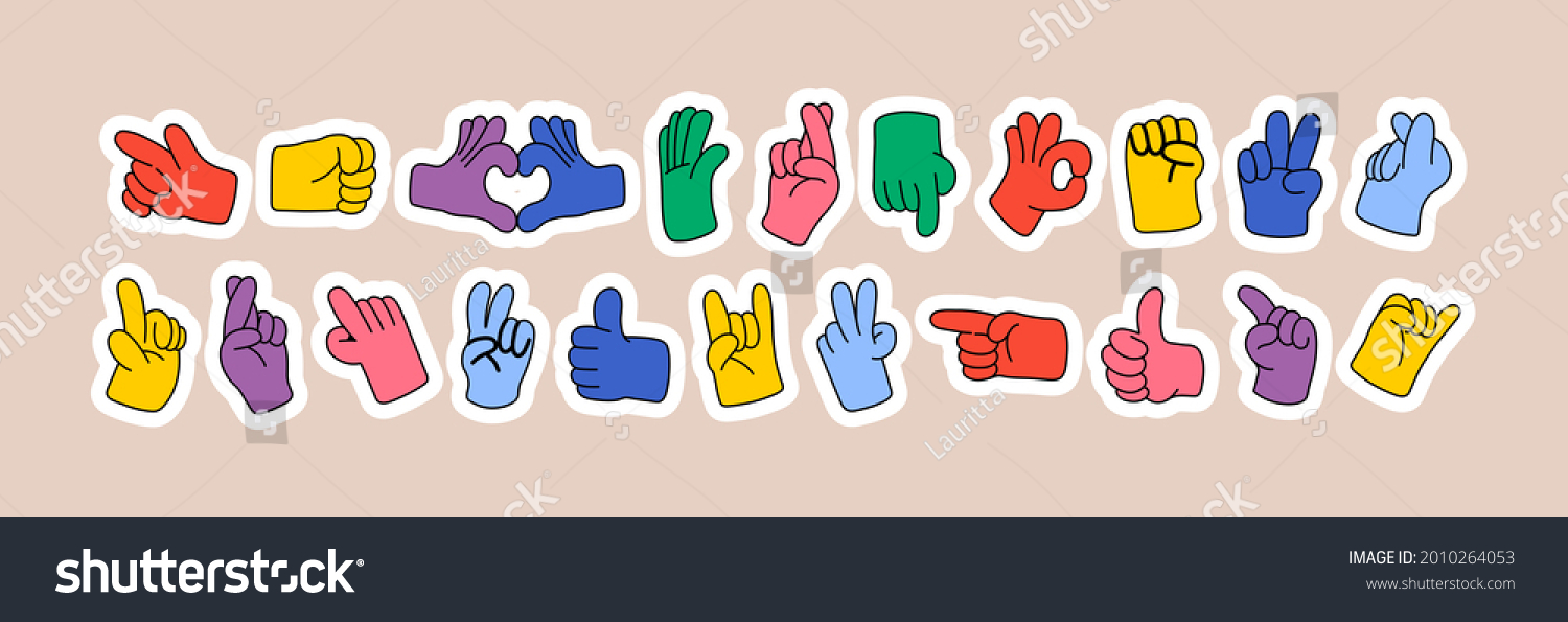 Cartoon hands abstract drawn comic. Set of Hand multicolored different signs and symbols. Drawing style Sticker decals. Retro Y2K. Vector illustration #2010264053