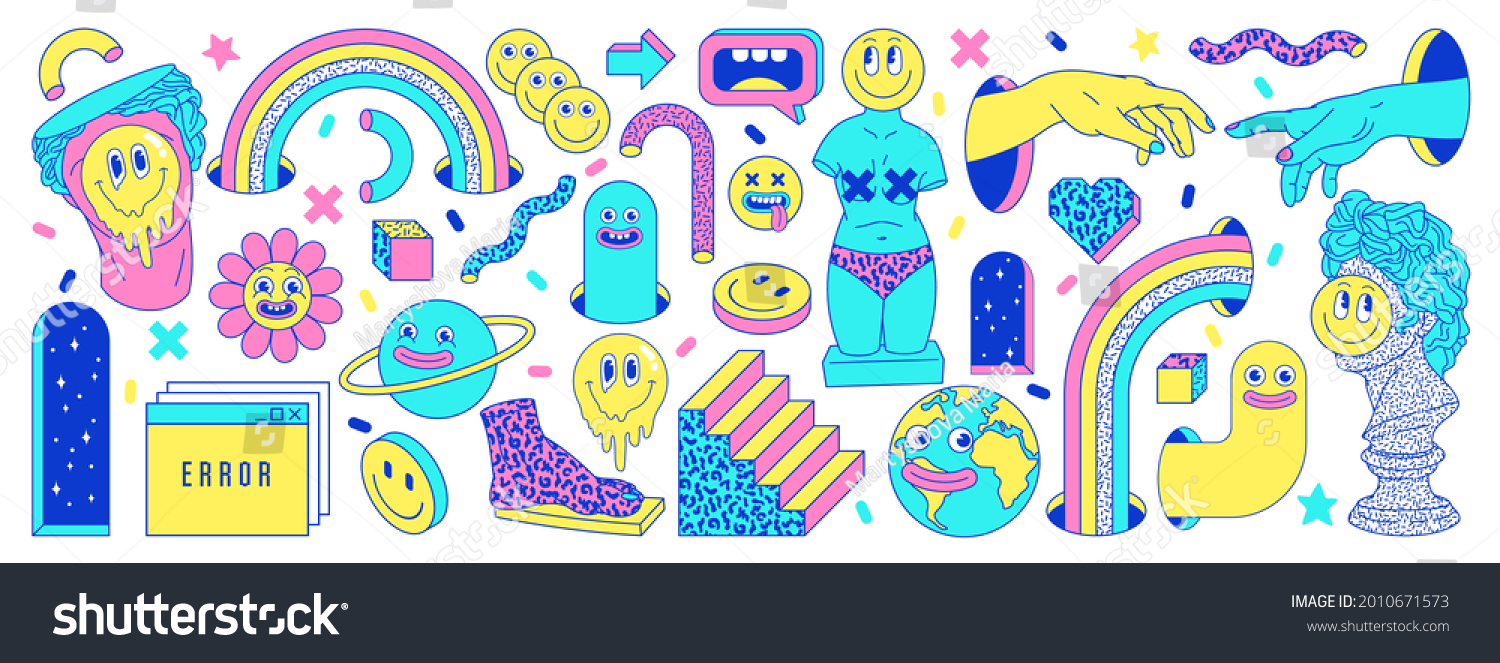 Sticker pack of funny cartoon characters, greek ancient statues, emoji and surreal elements. Vector illustration. Big set of comic elements in trendy psychedelic weird cartoon style. #2010671573
