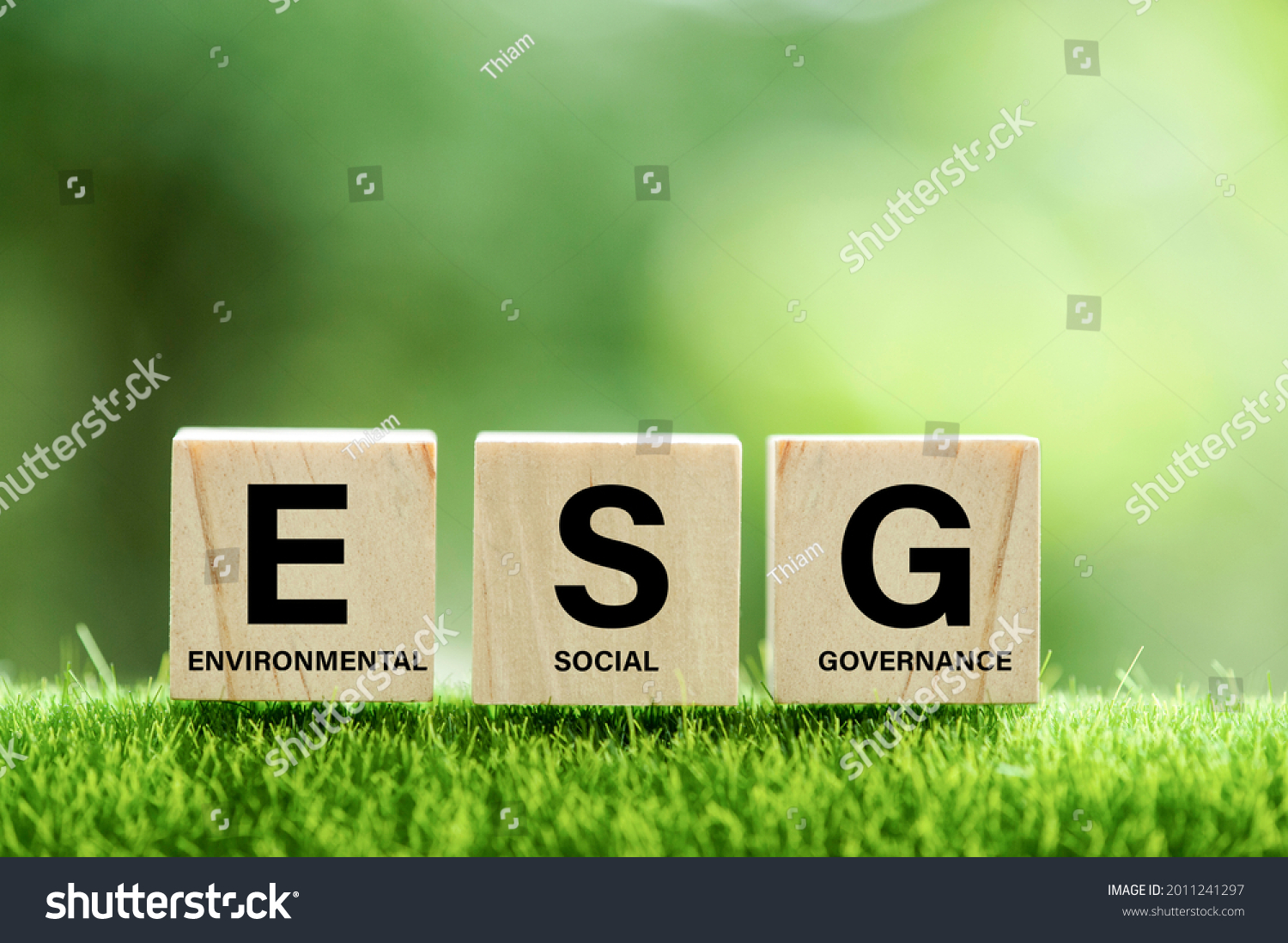 words ESG on a wood block and Future environmental conservation and sustainable ESG modernization development by using the technology of renewable resources to reduce pollution and carbon emission. #2011241297