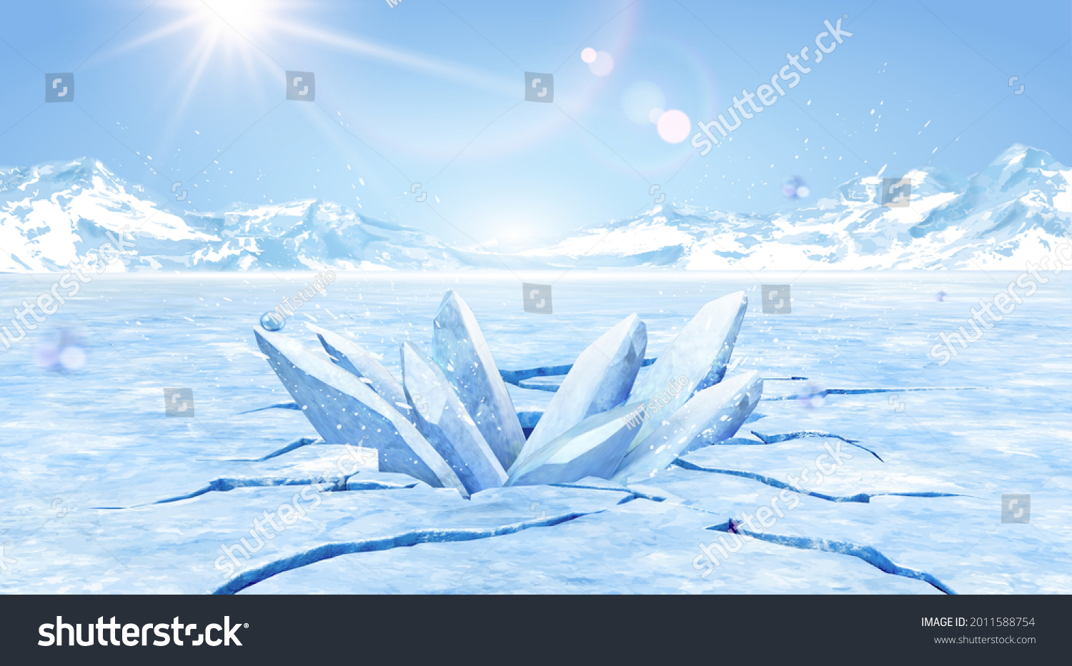 3d glacier scene design with cracked and exploded ice. Blank background suitable for displaying icy product. #2011588754