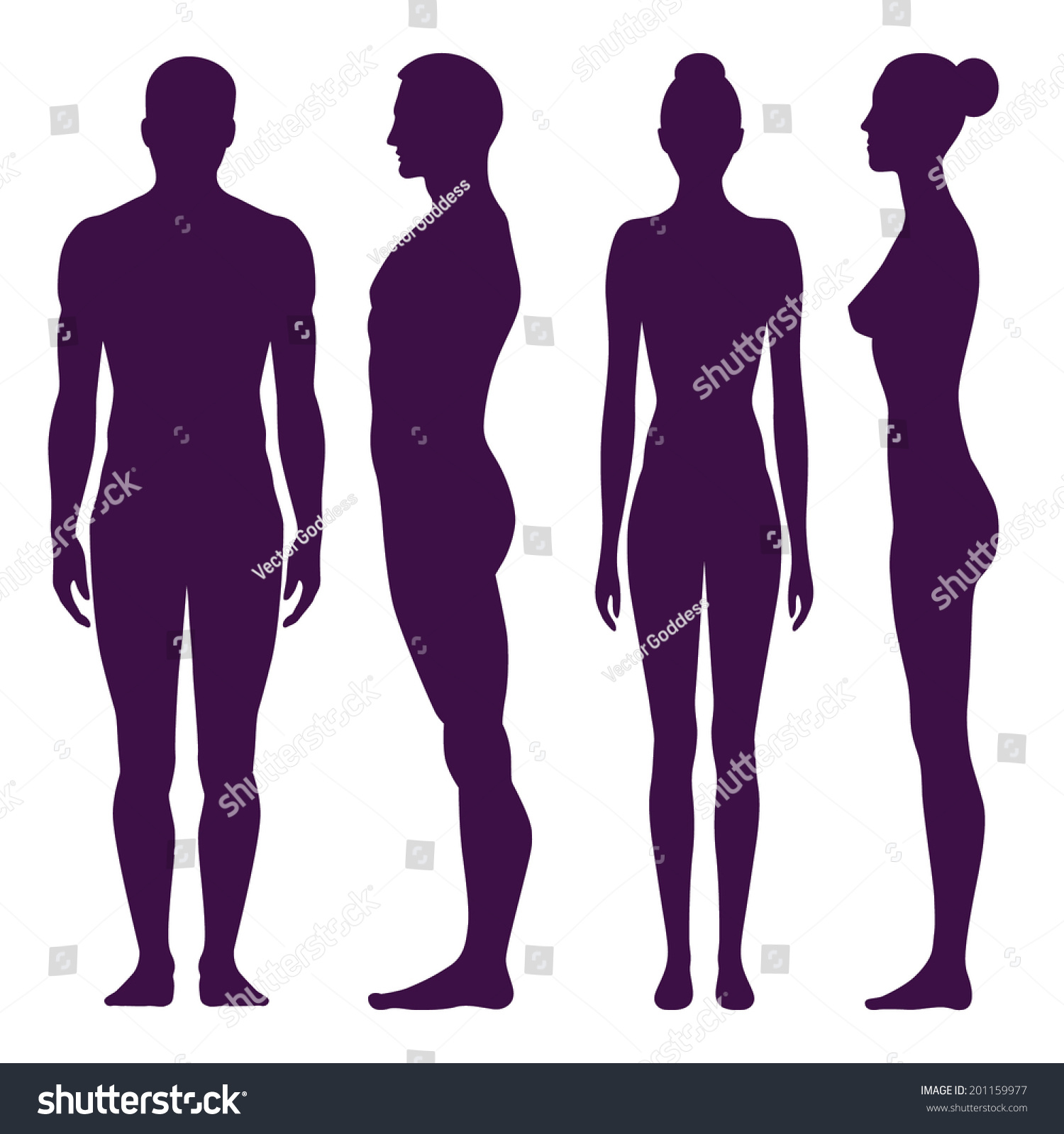 Collection of silhouettes of man and woman in front and side view. Vector illustration, isolated on white background #201159977
