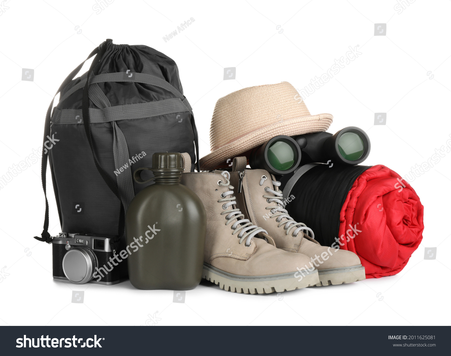 Set of camping equipment for tourist on white background #2011625081