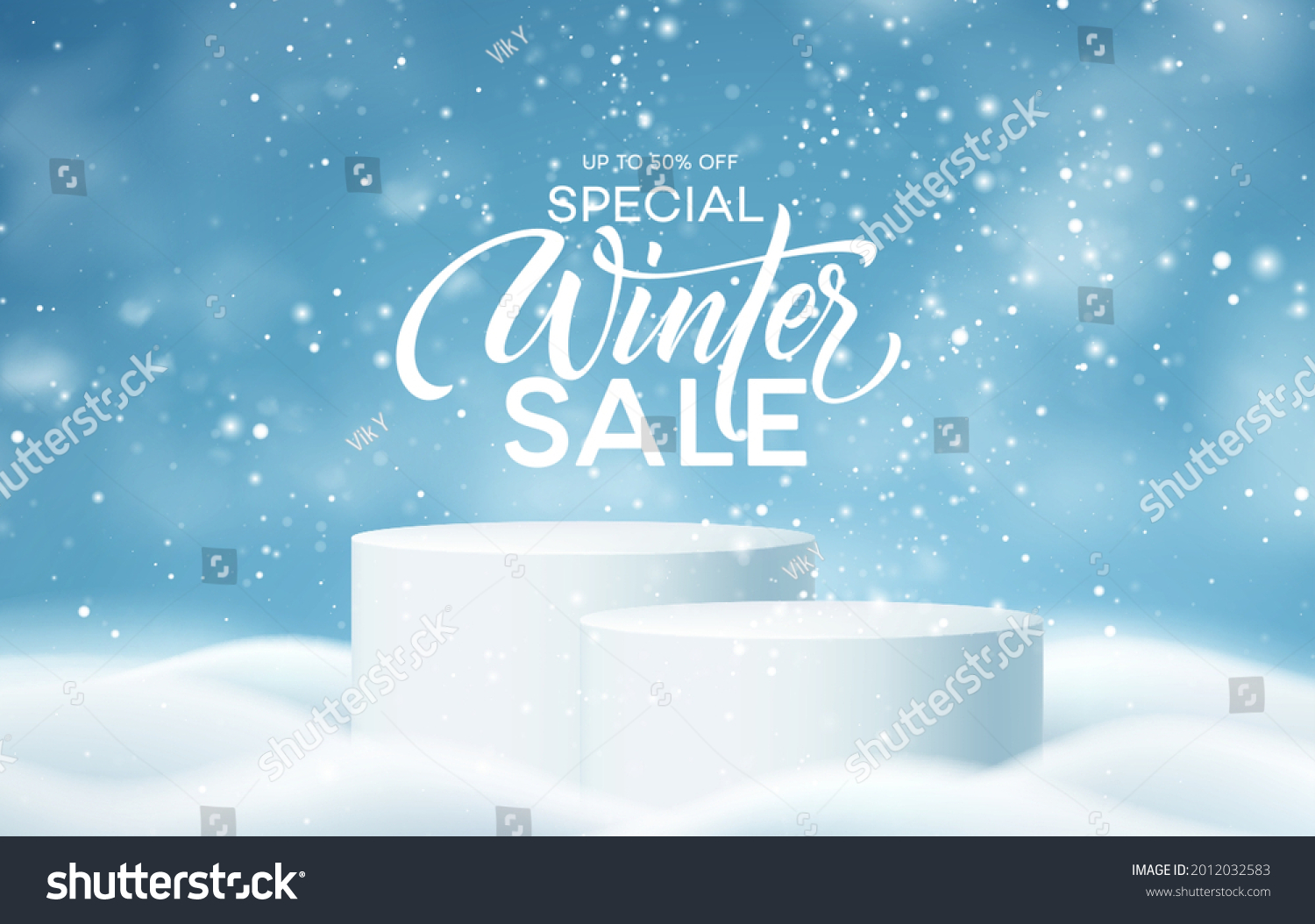 Christmas Winter Product podium on the background of drifts, snowflakes and snow. Realistic product podium for Christmas winter and christmas discount design, sale. Vector illustration EPS10 #2012032583