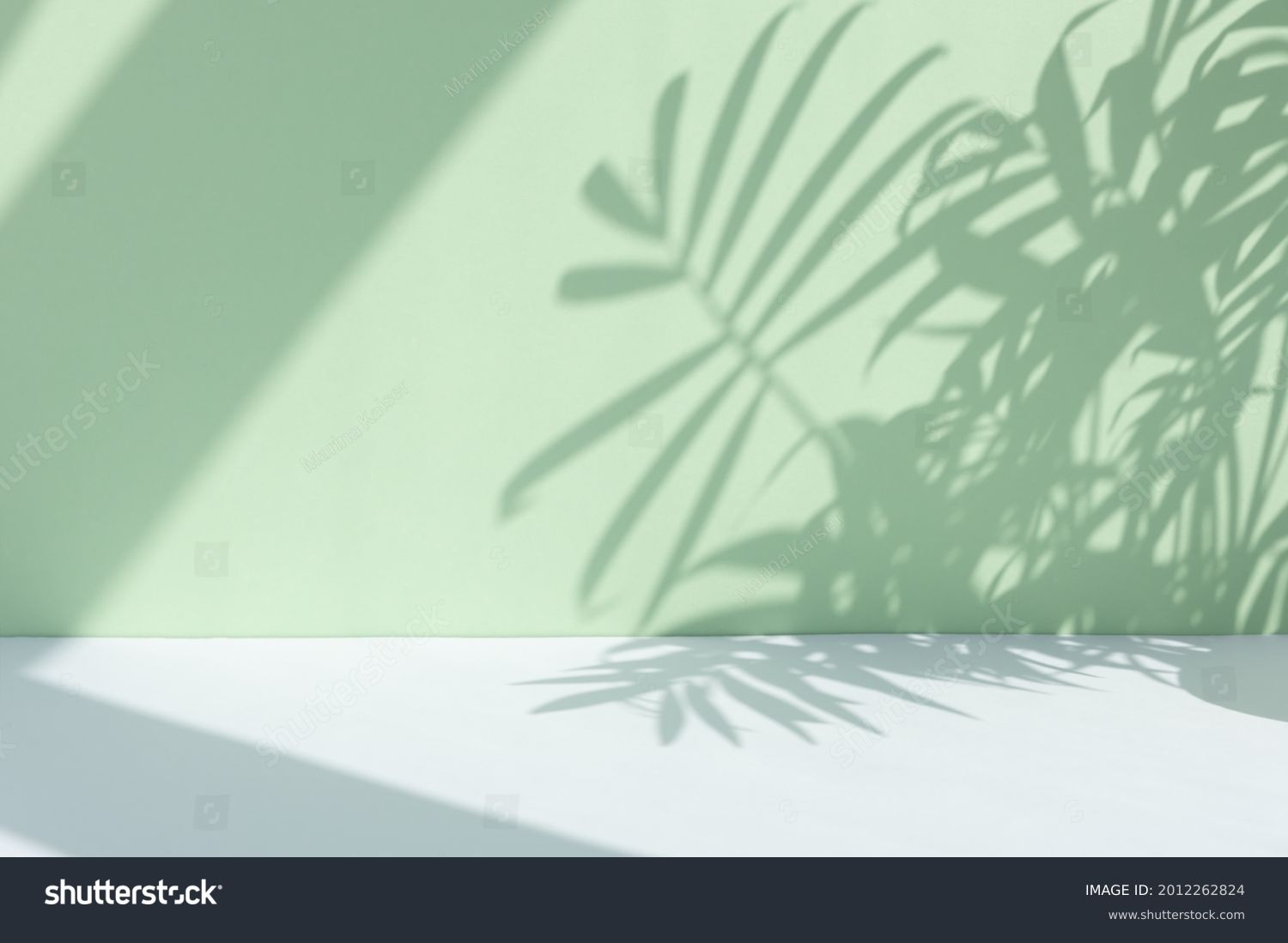 Minimal abstract background for the presentation of a cosmetic product. Premium podium with a shadow of tropical palm leaves on a pastel green wall and gray table. Showcase, display case. #2012262824