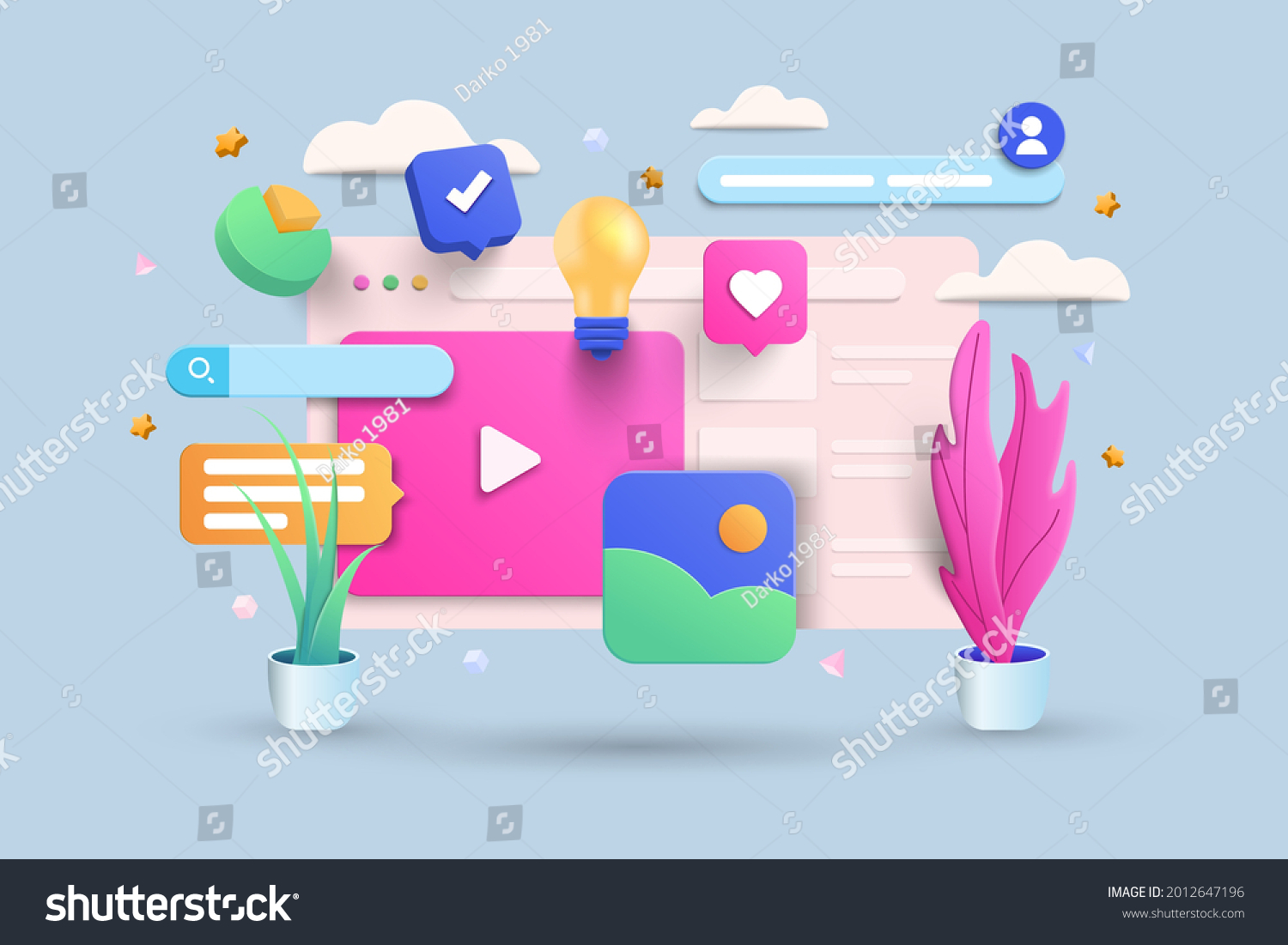 Digital Screen 3D Illustration, Video player, gallery, development, seo analysis concept with floating elements. Development banner design with 3d rendering. Vector Illustration #2012647196
