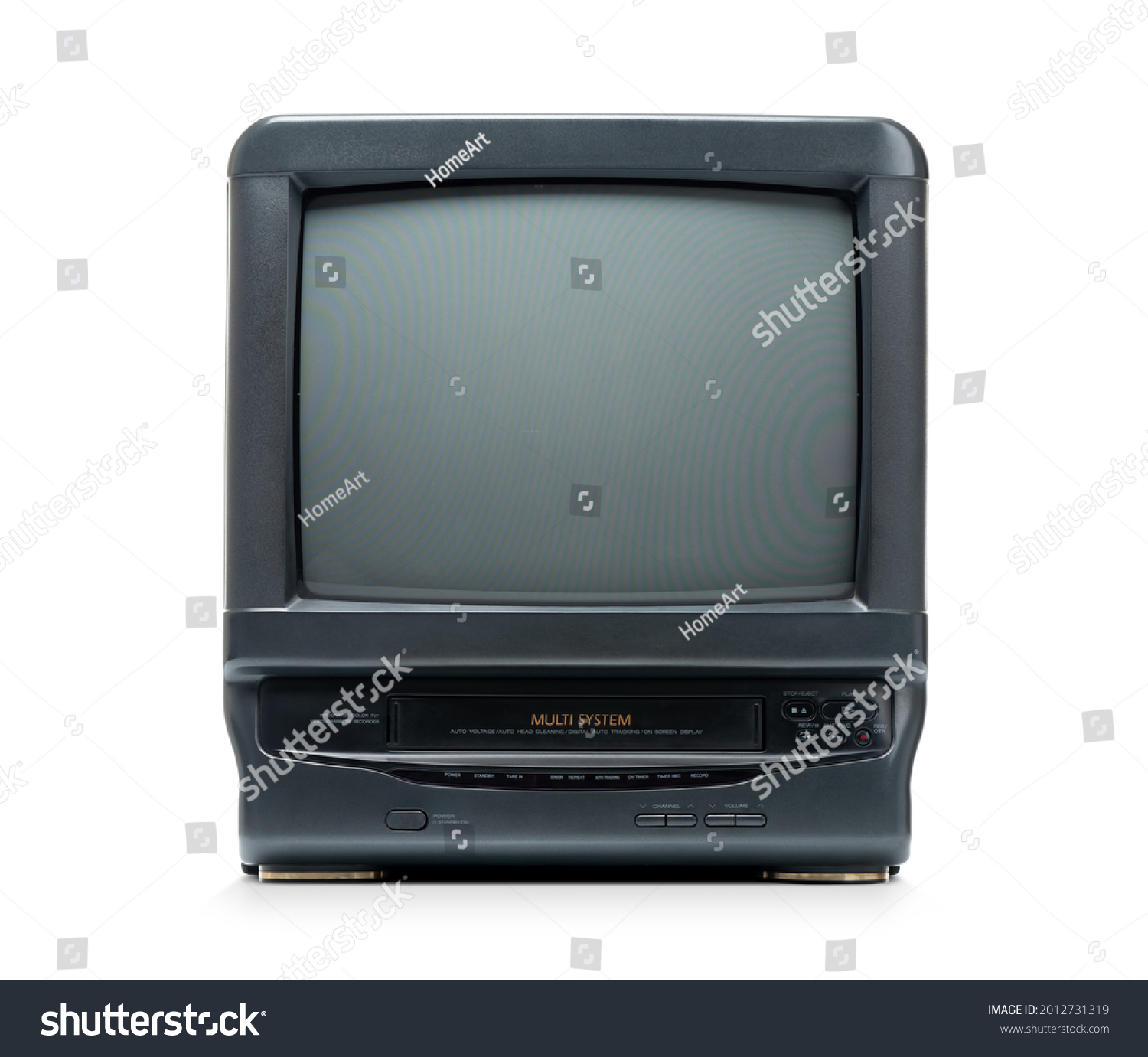 Old CRT TV VCR combined in one unit isolated on white background. File contains a path to isolation. #2012731319