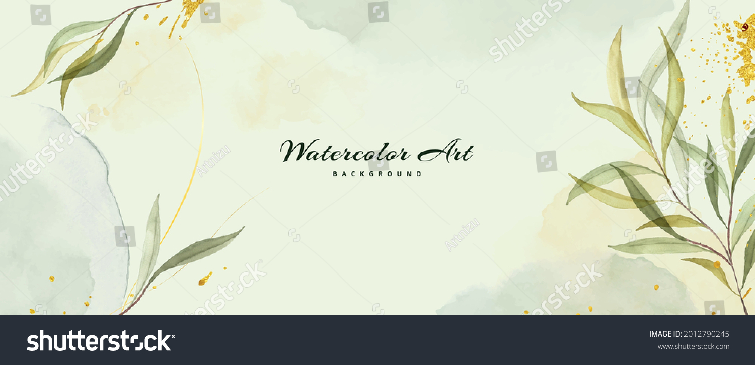 Abstract background watercolor with green leaves decorative gold drops #2012790245