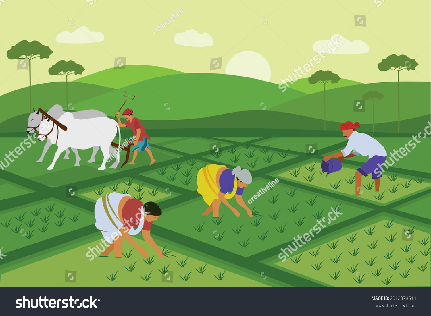 Indian agriculture working. Farmer harvesting in field asia vector background in cartoon style #2012878514