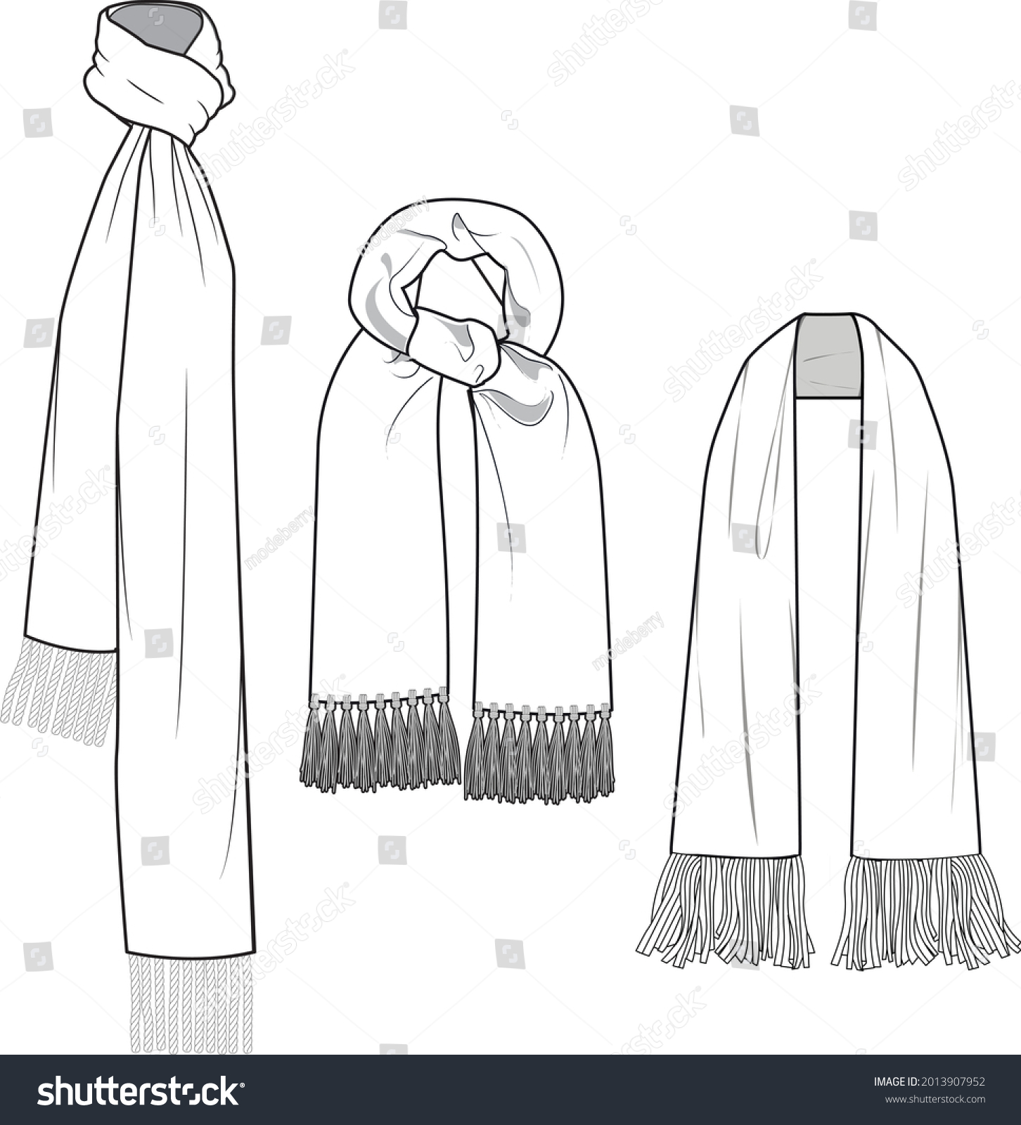 Unisex Scarves Set. Technical fashion scarf illustration. Flat apparel scarf template front and back, white color. Unisex CAD mock-up. #2013907952