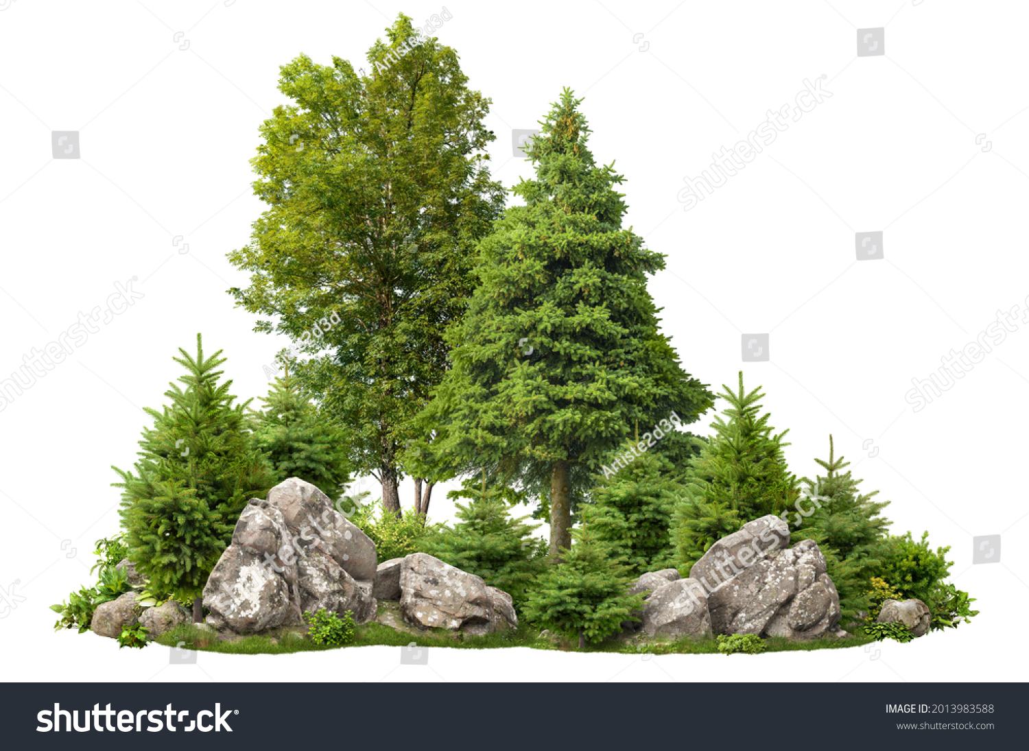 Cutout rock surrounded by fir trees. Garden design isolated on white background. Decorative shrub for landscaping. High quality clipping mask for professionnal composition. Stones in the forest. #2013983588