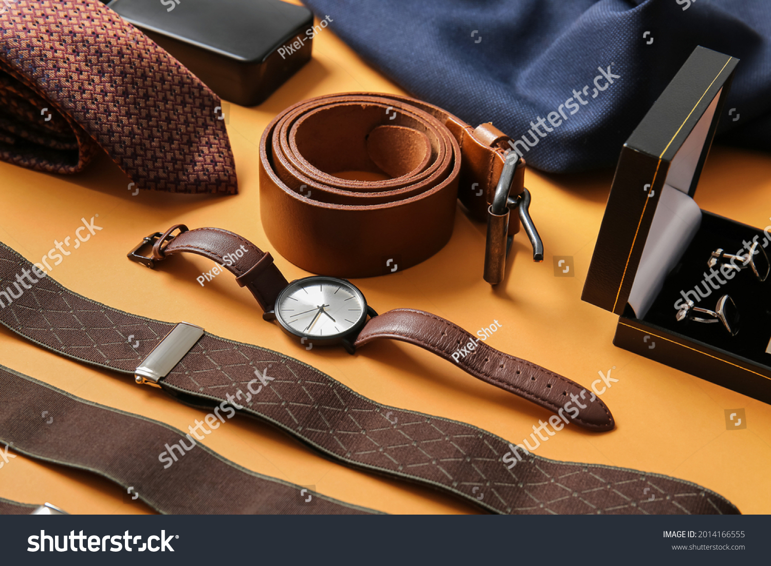 Stylish male accessories on color background #2014166555
