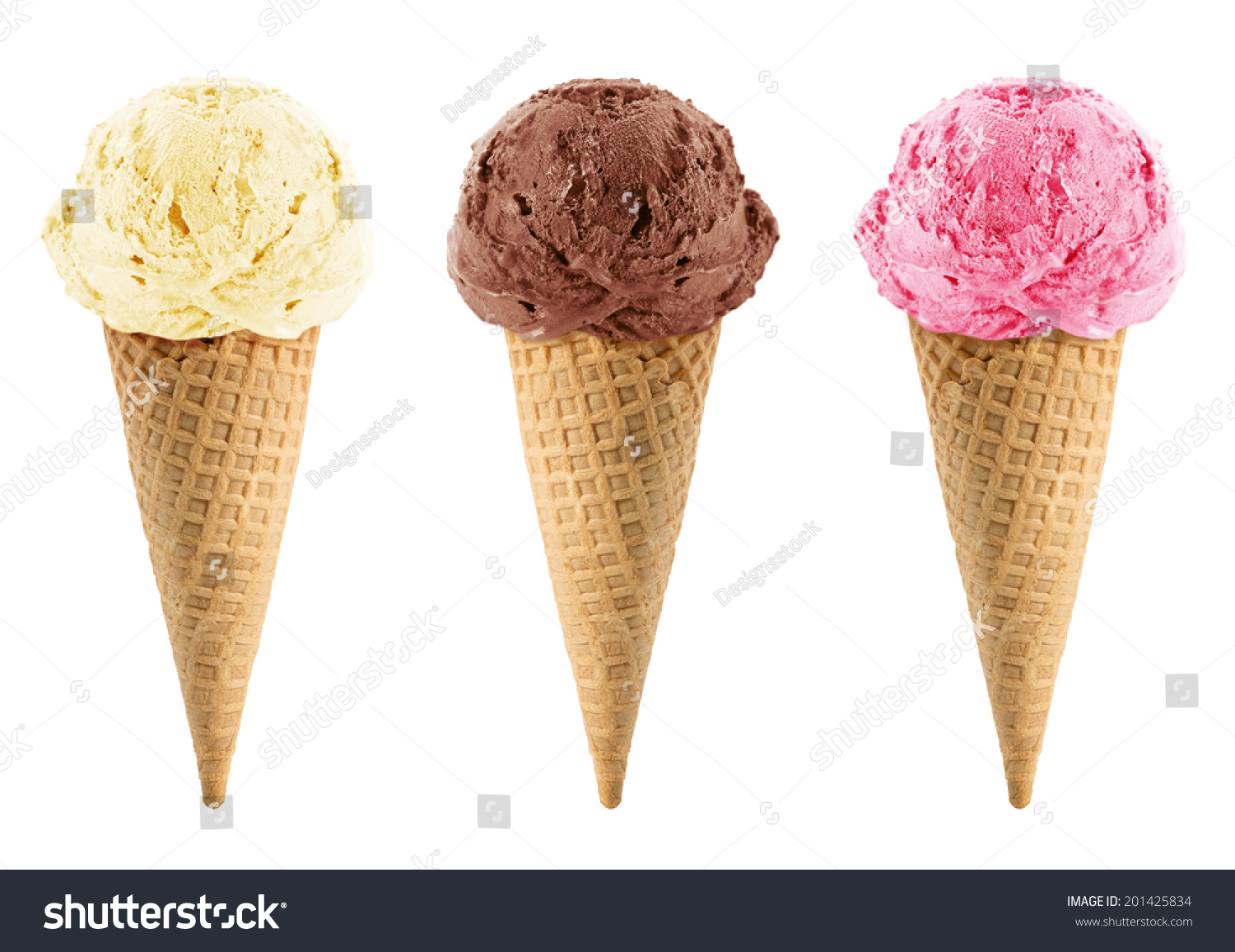 Chocolate, vanilla and strawberry Ice cream in the cone on white background with clipping path. #201425834