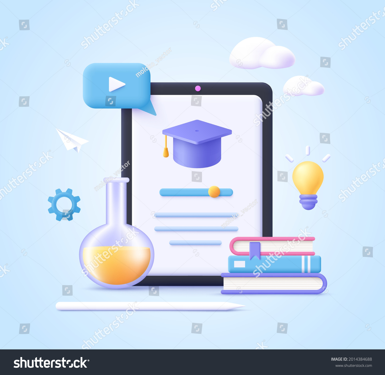 Concept of mobile learning, e-learning and online courses application. Education and back to school. 3d realistic vector illustration. #2014384688