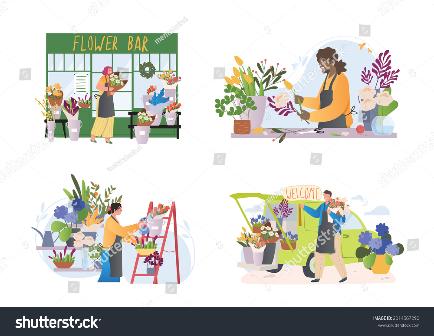 Four different scenes of florists working in shop or nursery arranging bouquets of cut flowers, spraying plants in pots and alongside delivery vehicle. Set of colored flat cartoon vector illustrations #2014567292
