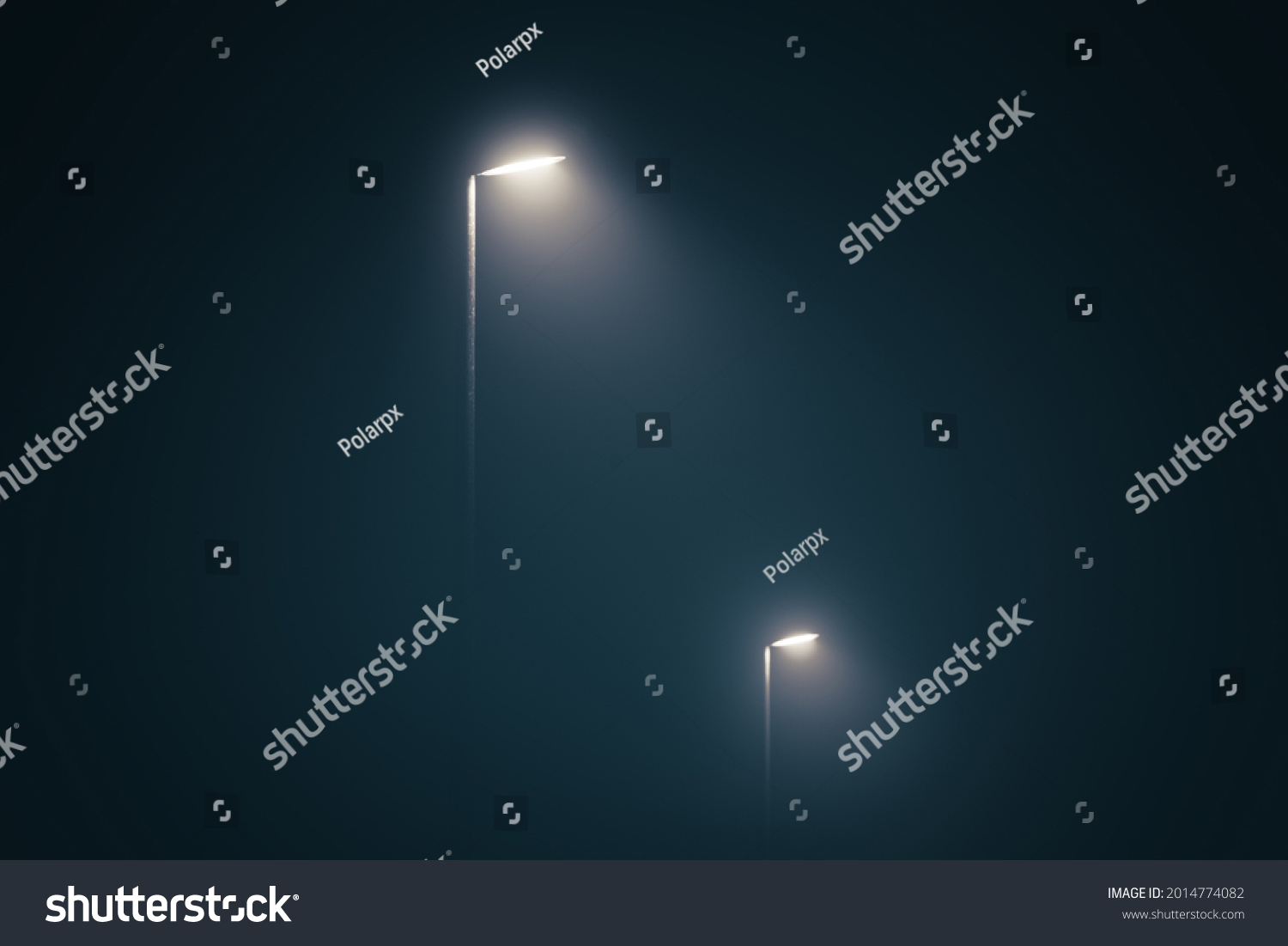 Street lights in the misty evening glowing in the dark by midnight #2014774082