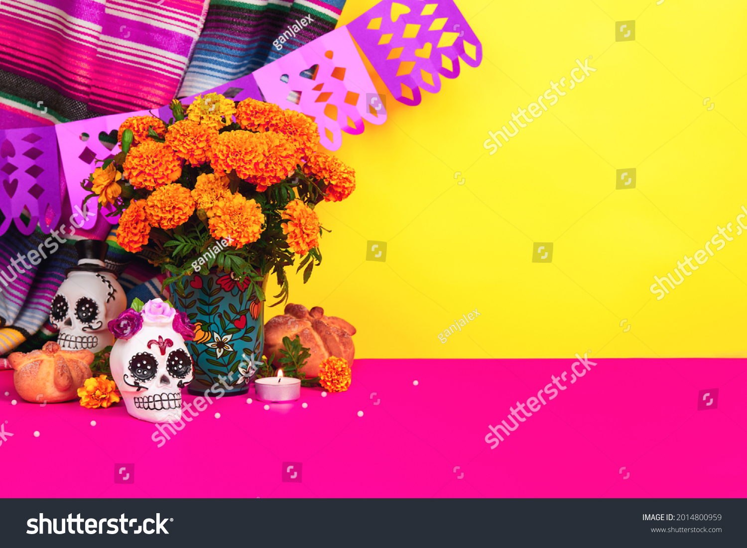 Day of the dead, Dia De Los Muertos Celebration Background With sugar Skull, calaverita, marigolds or cempasuchil flowers, bread of death or Pan de Muerto with Copy Space. Traditional Mexican culture  #2014800959