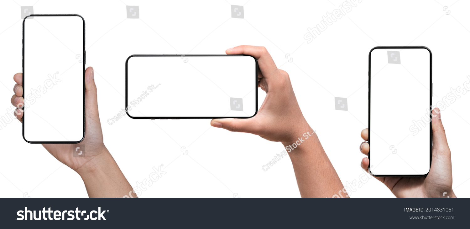 Hand holding Smartphone and isolated on white background for your mobile phone app or web site design, logo Global Business technology - include clipping path. (Businessman hand Phone) #2014831061