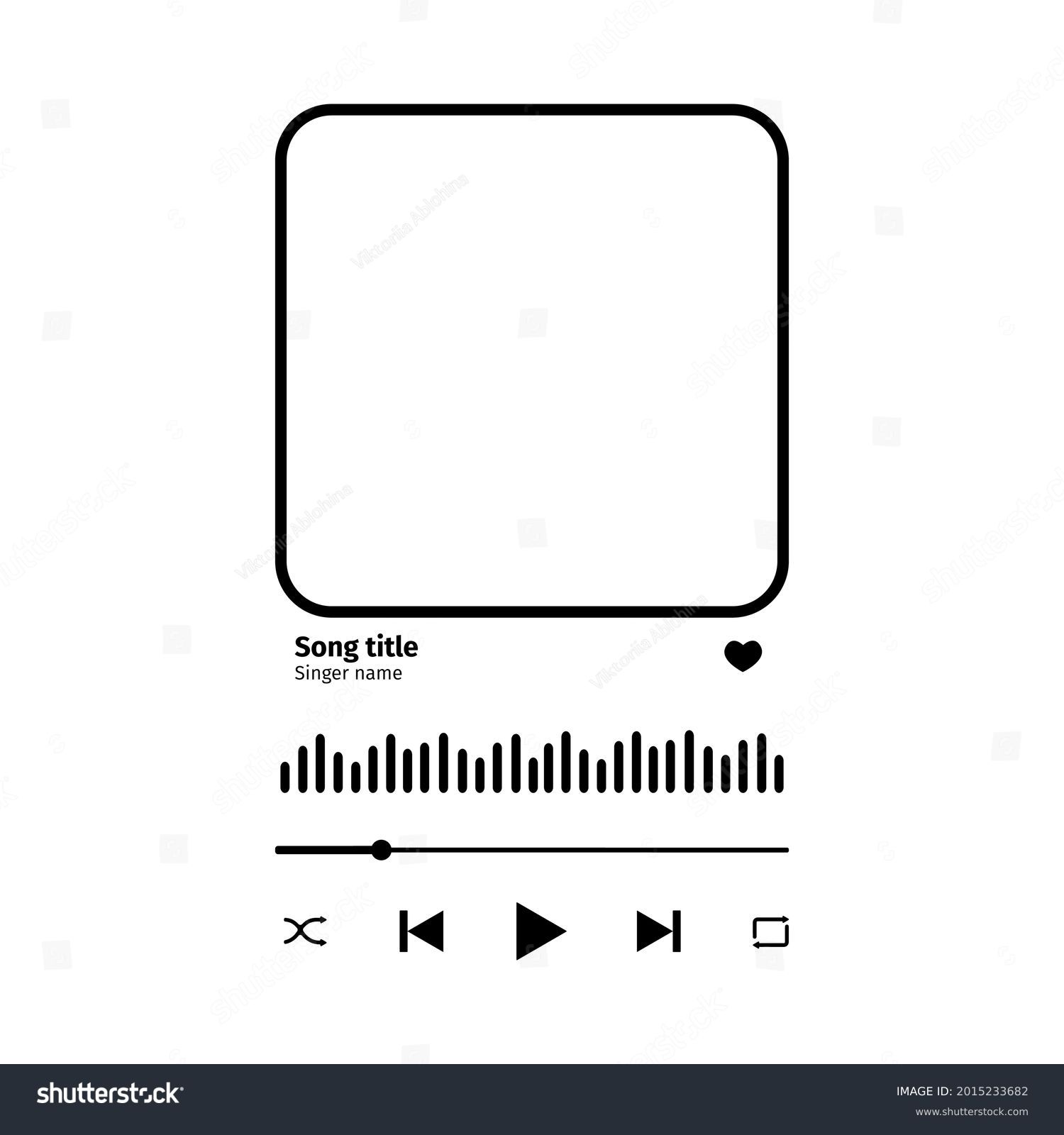 Song plaque with buttons, loading bar, equalizer sign and frame for album photo. Trendy music player interface as template for romantic gift. Vector outline illustration. #2015233682