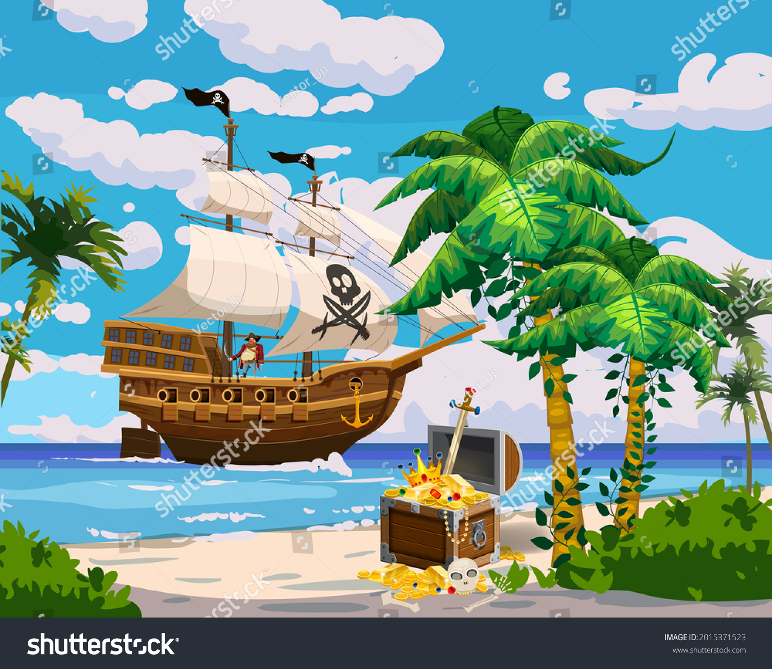 Tropical Island Pirate ship under sail in ocean, treasure cheast, tropical, palms. Sea landscape coast, beach, sand, adventure, game. Vector illustration #2015371523