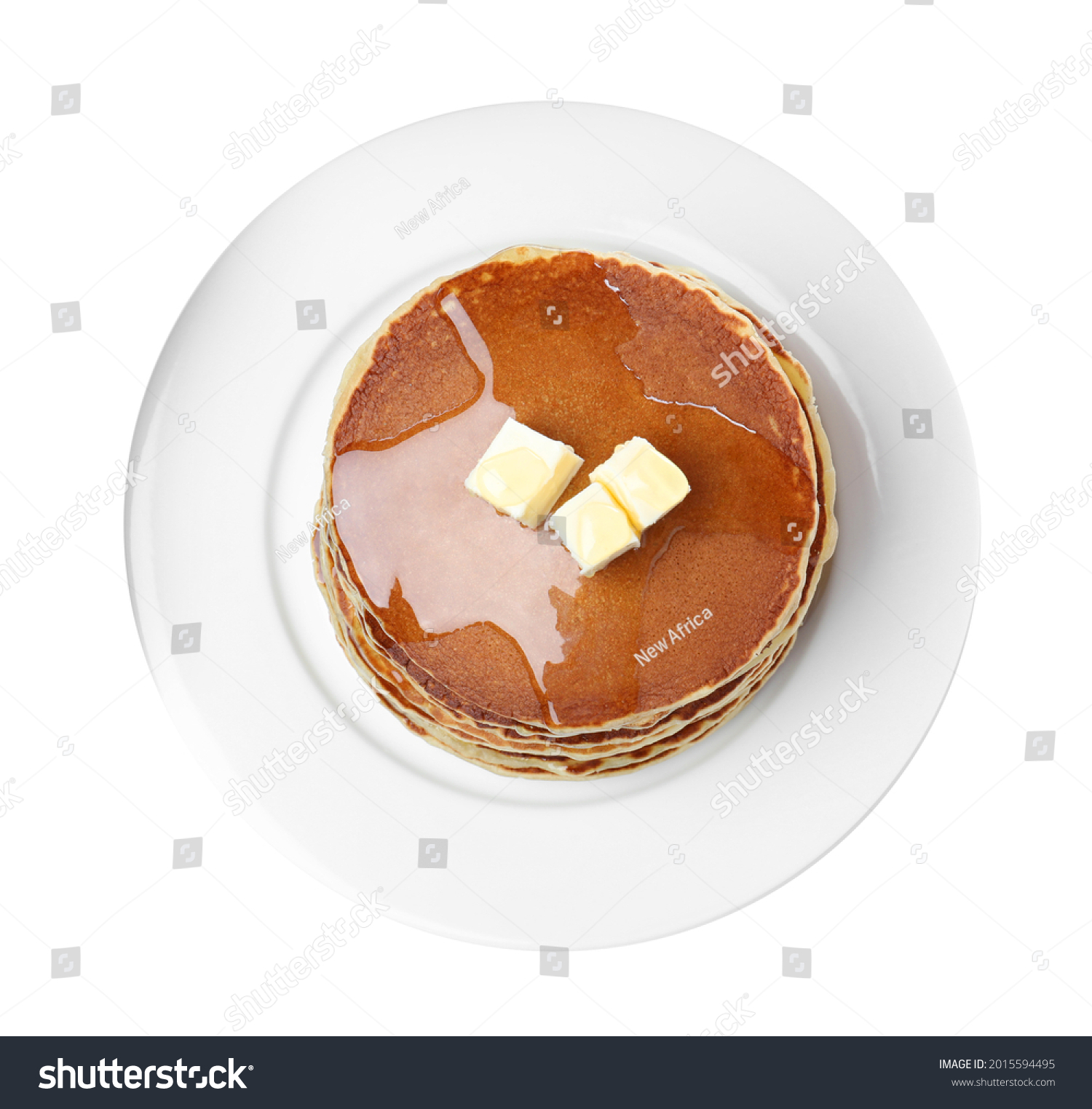Stack of tasty pancakes with butter and honey on white background, top view #2015594495