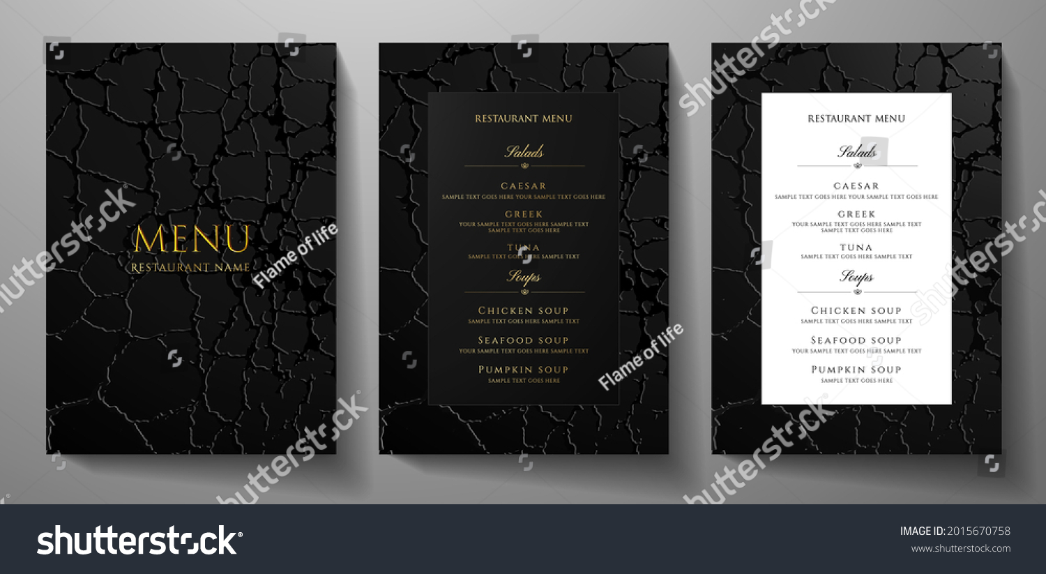 Black restaurant menu design with crack texture (grunge patten background), premium frame pattern (stripe border). Elegant luxury cover template for creative Cafe Menu, luxe carte, invite, notebook #2015670758