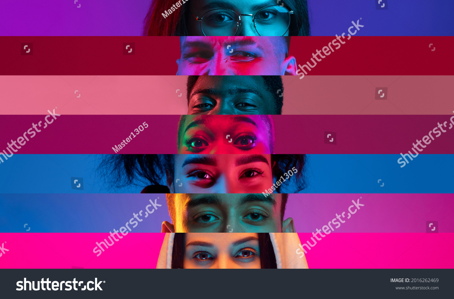 Collage of close-up male and female eyes isolated on colored neon backgorund. Multicolored stripes. Flyer with copy space for ad. Concept of equality, unification of all nations, ages and interests #2016262469