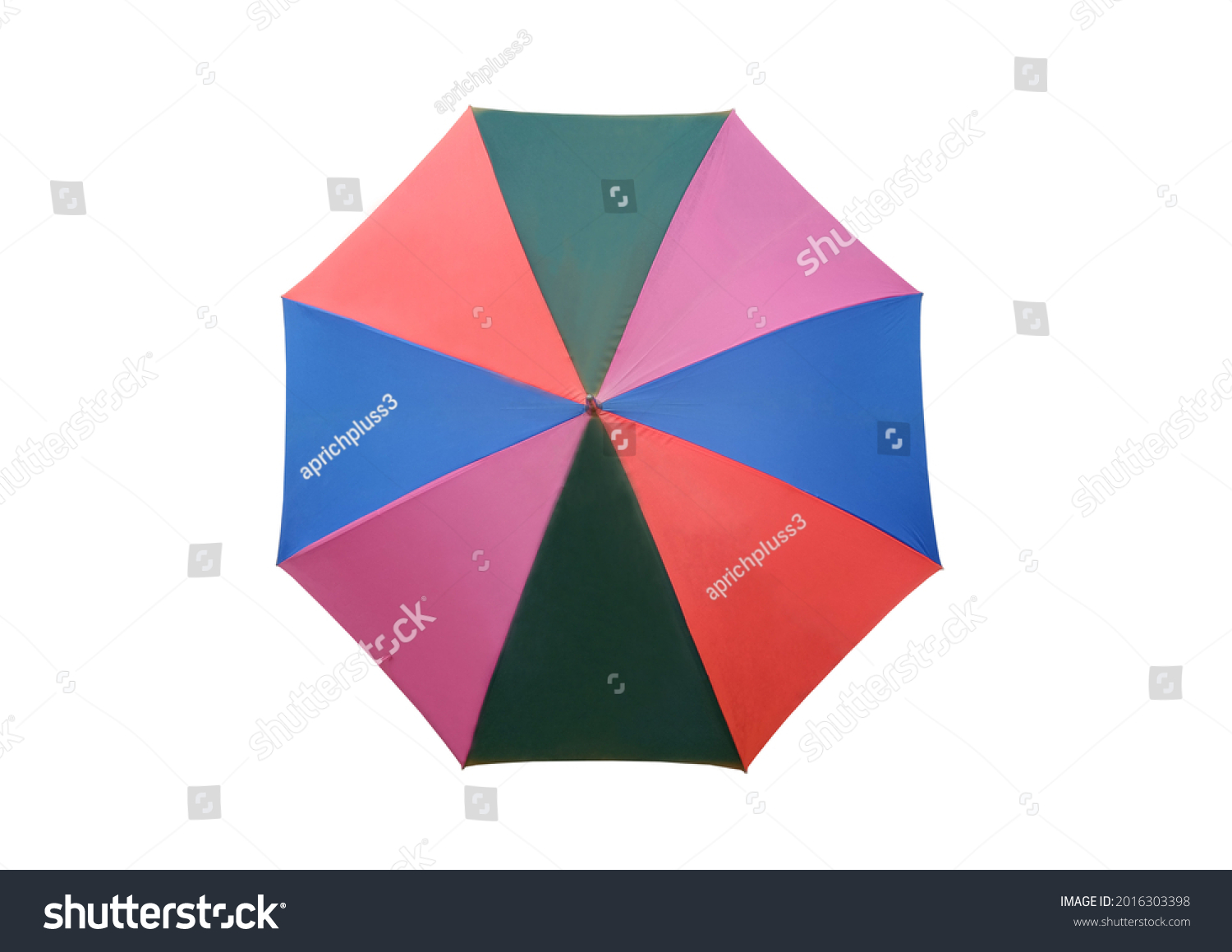 Top view, Single rainbow umbrella isolated on white background for stock photo or design, invesment, business, summer concept #2016303398