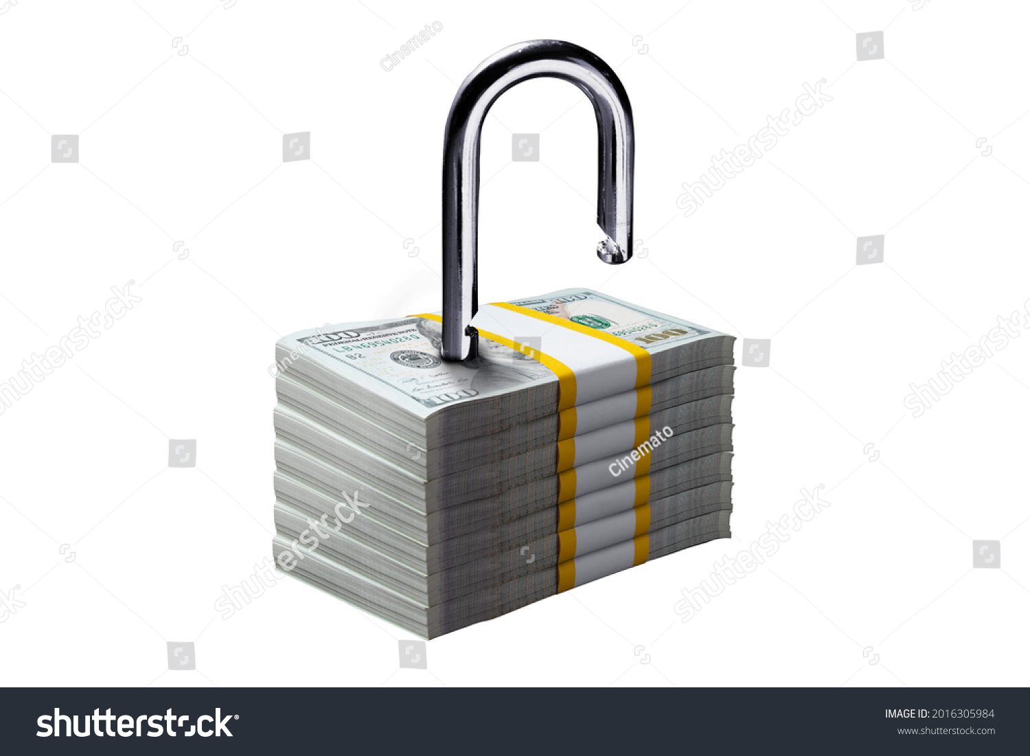 Financial freedom concept. Padlock on stacks of 100 US Dollar bill on White background, Clipping path included #2016305984