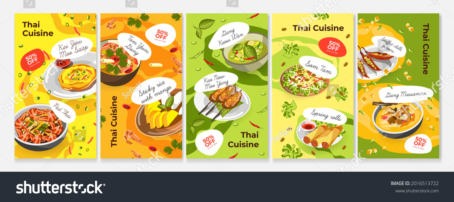 Thai food story set, vector illustration. Asian traditional cuisine from thailand, spicy pad thai, tom yum and spring rolls design. Dinner meal with vegetable, sticky rice with mango, som tam. #2016513722