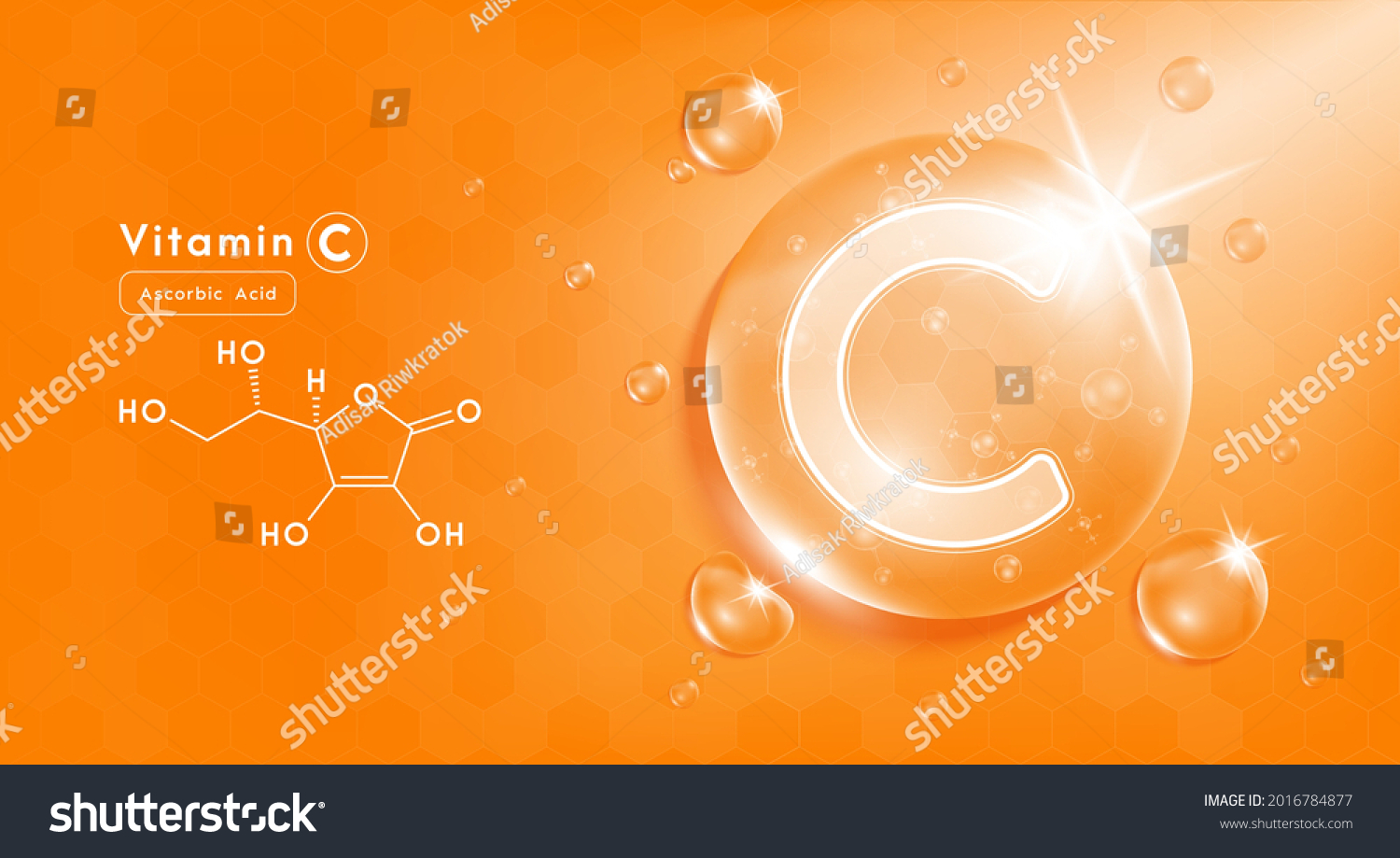 Drop water vitamin C orange and structure. Vitamin complex with Chemical formula from nature. Beauty treatment nutrition skin care design. Medical and scientific concepts. 3D Realistic Vector EPS10. #2016784877