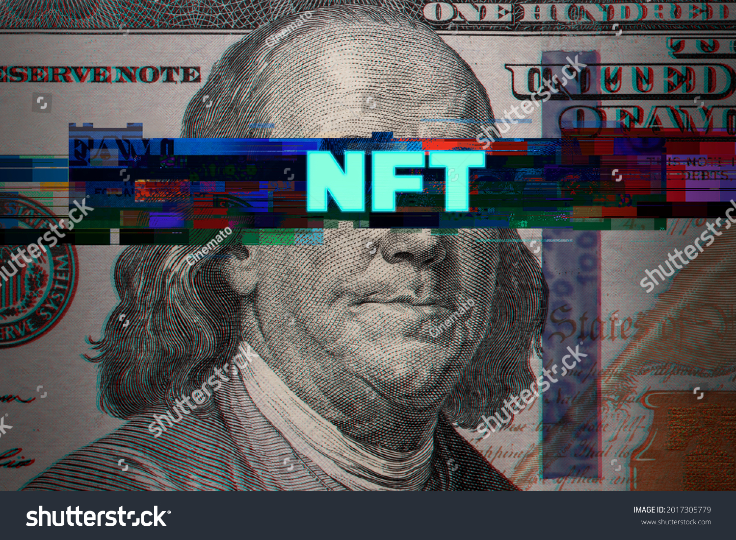Abstract glitch with word NFT on 100 Dollar bill. Ideas for Crypto Art in the USA, US Dollar transform into Digital Art form, How does NFT work, Making money from creating Crypto Artwork,Crypto Artist #2017305779