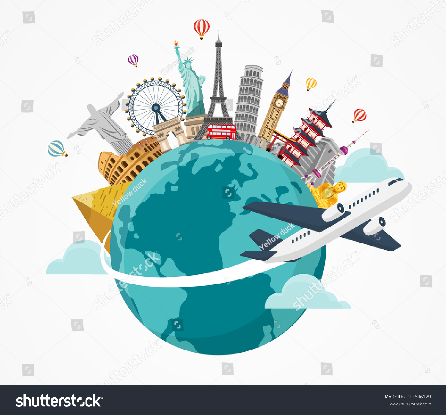 airplane and time to travel banner.  travel around the world. landmarks on the globe. Tourism trip concept. Journey in Vacation. Vector illustration modern flat design.  #2017646129