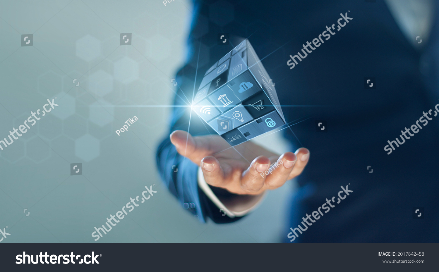 Businessman hold abstract square box cubic of business, Financial and banking concept, Digital marketing, Network and social media. Business symbols. #2017842458
