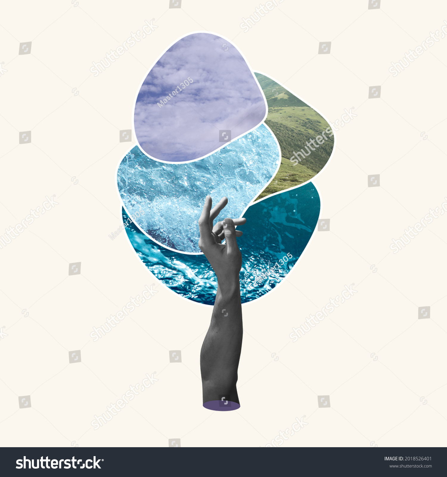 Air, water and land. Hand aesthetic on pastel background, artwork. Concept of environment, climate, symbol of four elements of nature. Idea, inspiration and minimalism. Copy space for ad. #2018526401