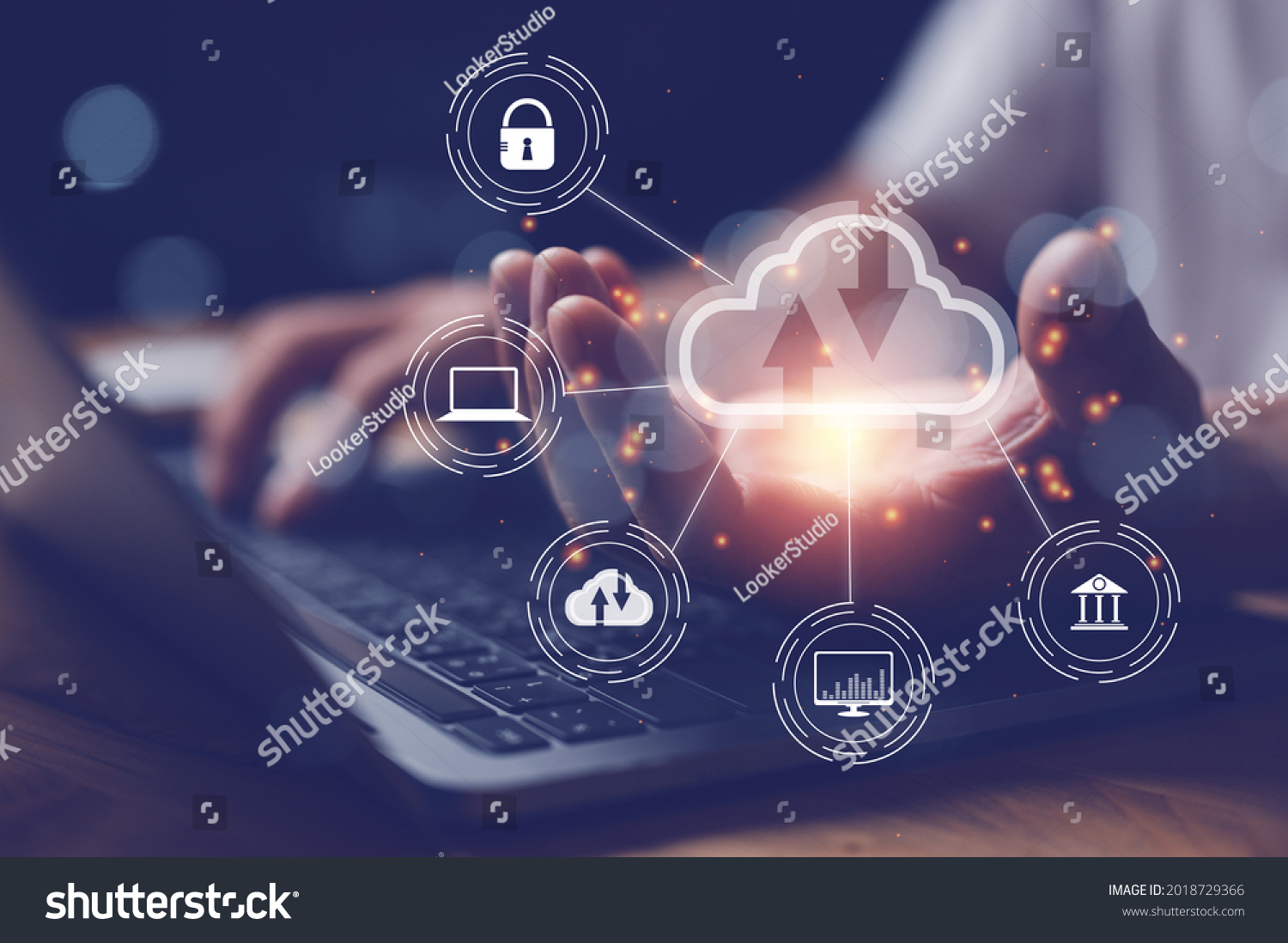 man use Laptop with cloud computing diagram show on hand. Cloud technology. Data storage. Networking and internet service concept. #2018729366